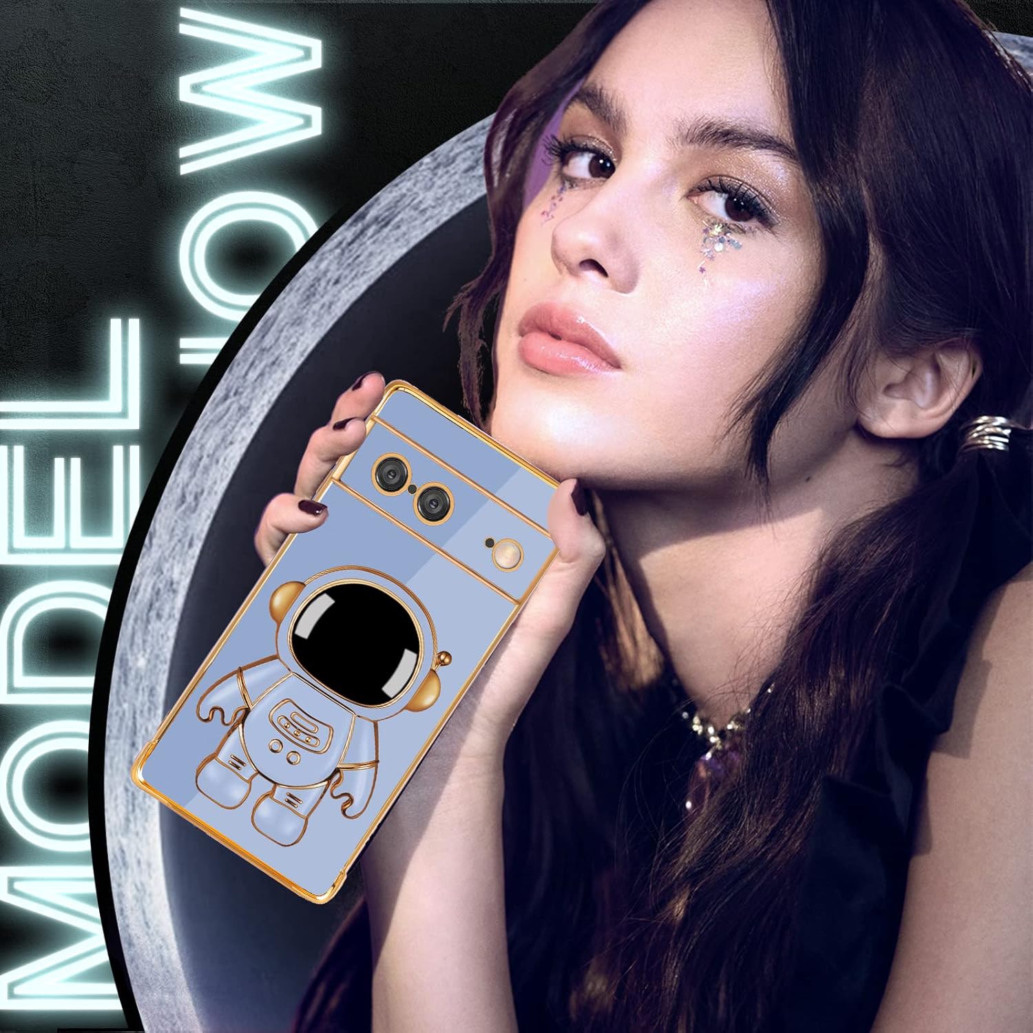 Funda para Google Pixel 7, fundas Pixel 7 con soporte de astronauta para mujeres y niñas, diseño de corazón de amor, chapado en oro, 6D con soporte
