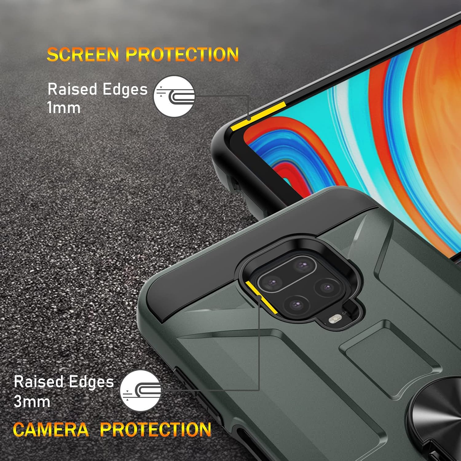 Funda para Xiaomi Note 9 Pro, Note 9sNote 9 Pro Max, con 3 protectores de pantalla de vidrio templado, soporte de anillo integrado y soporte