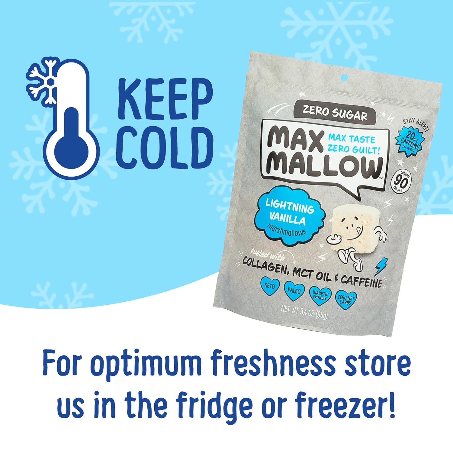 Know Brainer Max Mallow Lightning Vanilla – Malvavisco sin culpa y sin azúcar, bajo en carbohidratos, sin gluten y cetogénico, malvavisco alimentado