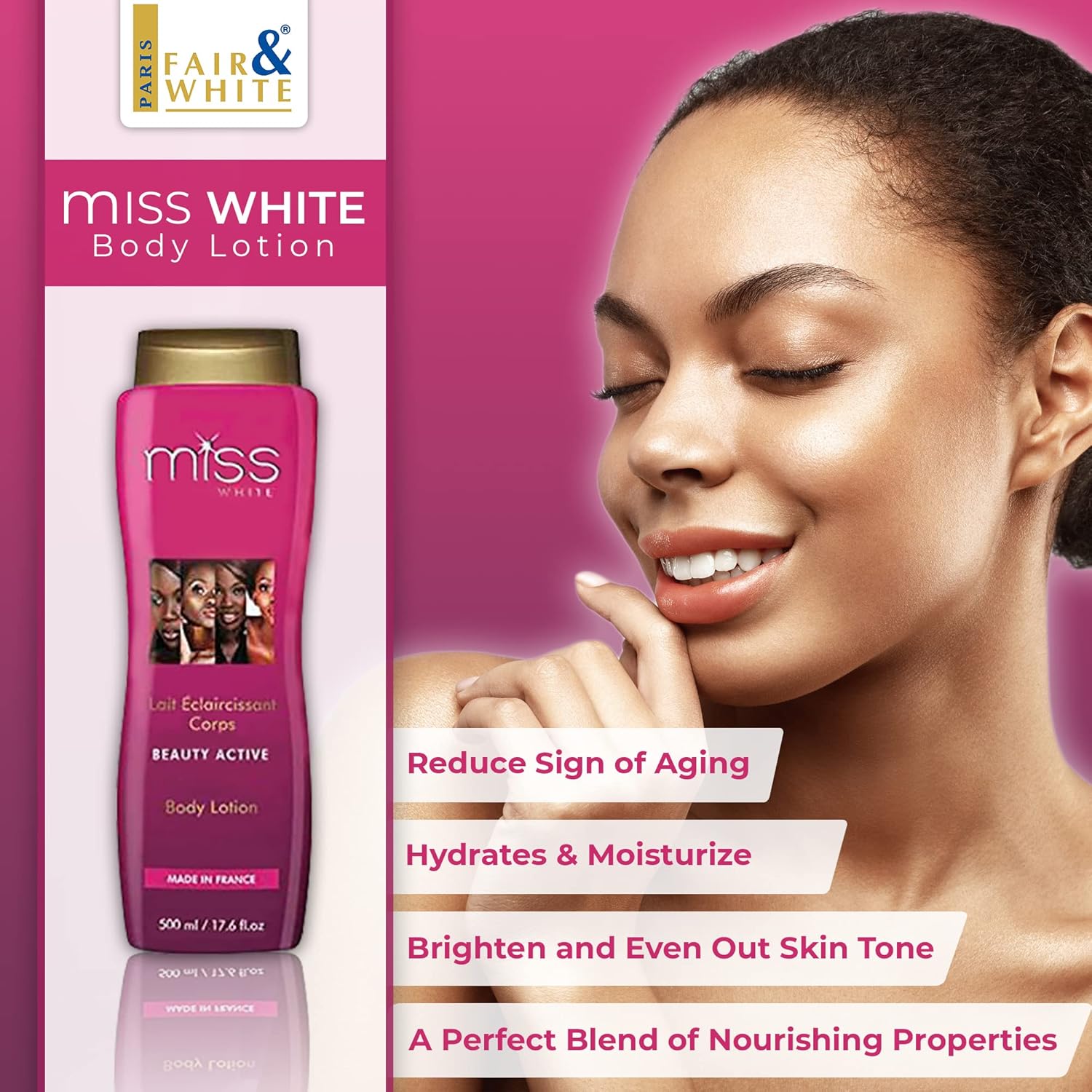 FAIR & WHITE -Miss White, Loción Corporal Iluminadora para la Piel  13.5 Fl oz  13.5 fl oz  Loción Hidratante, Ayuda a Reducir los pigmentos en