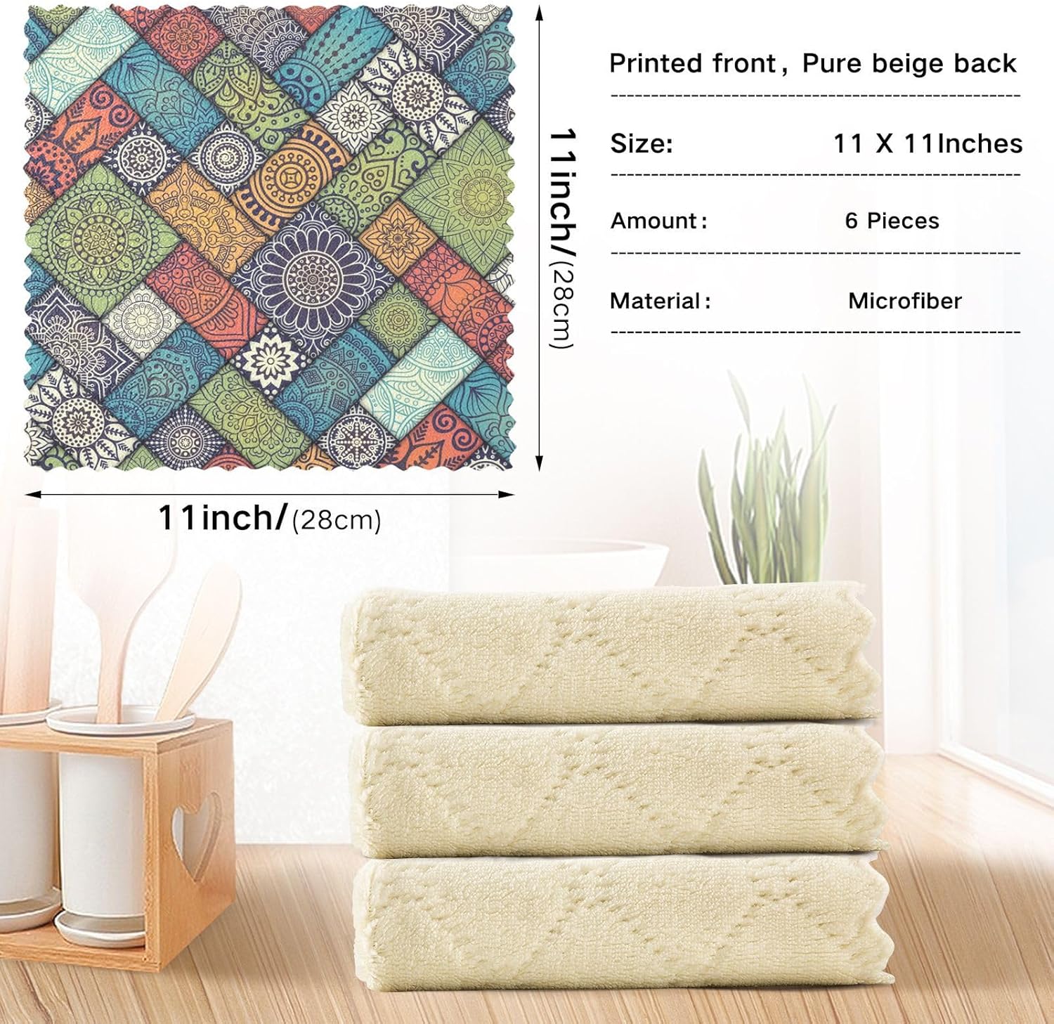 Jihqo Juego de 6 paños de cocina con diseño de mandala verde, reutilizables, suaves y absorbentes, paños de cocina de 11 x 11 pulgadas para