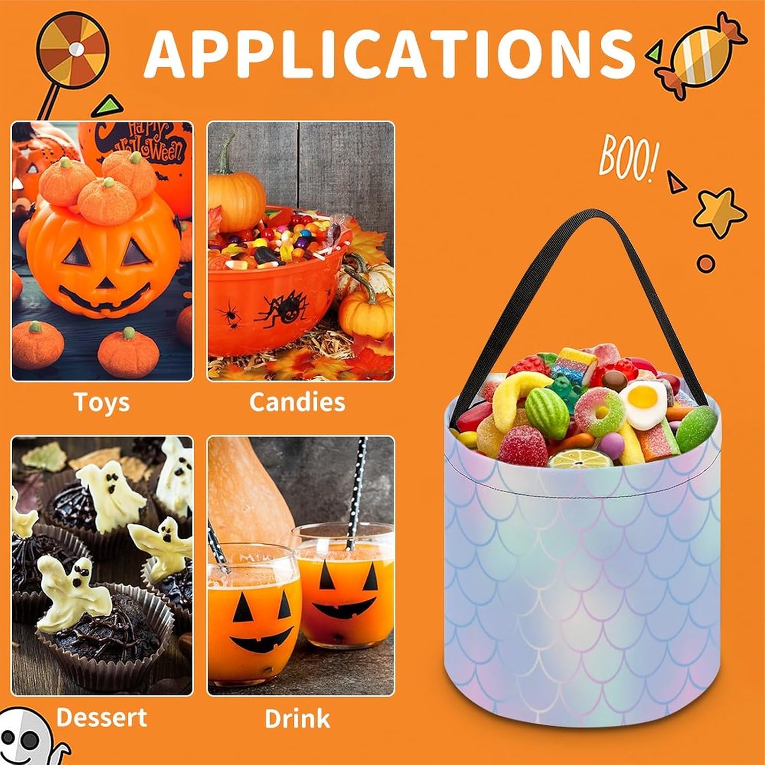SLNFDKND Cubo de cubo de Halloween con diseño de sirena arcoíris, bolsa de dulces para niños, decoraciones de Halloween