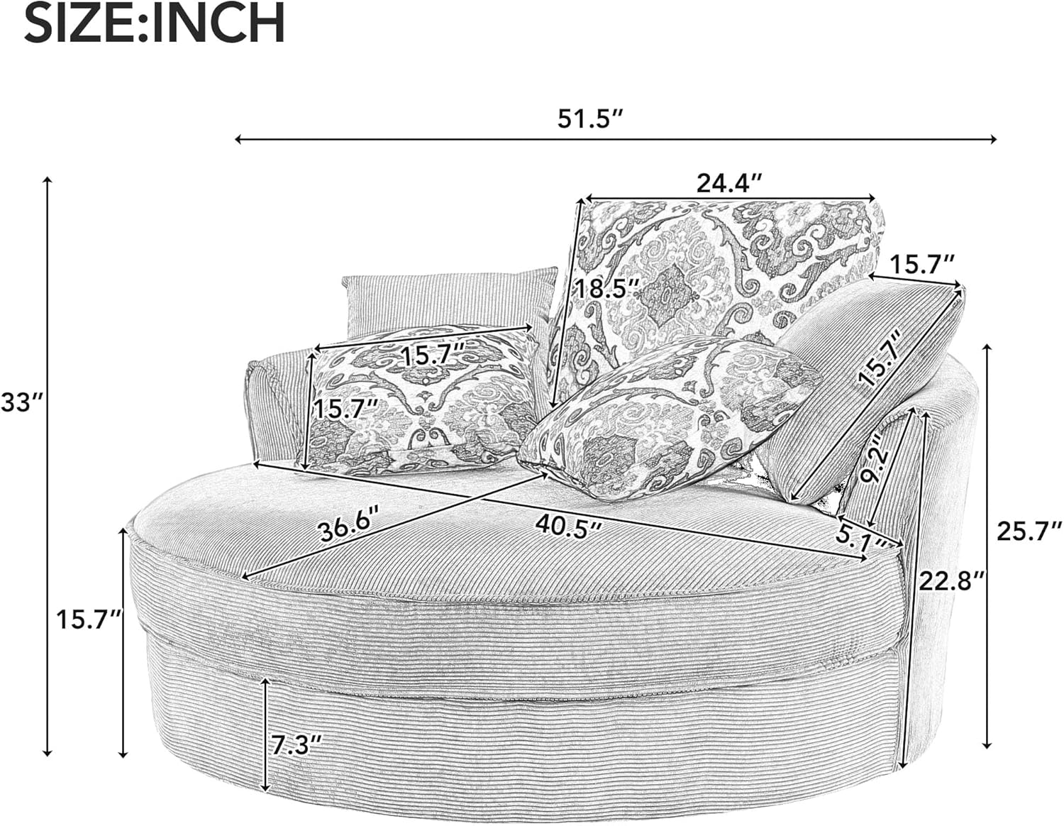 Merax, Silla redonda de 51.5 pulgadas de 51.5 pulgadas con diseño de barril giratorio de 360 grados, sofá redondo con 5 almohadas movibles, sofá