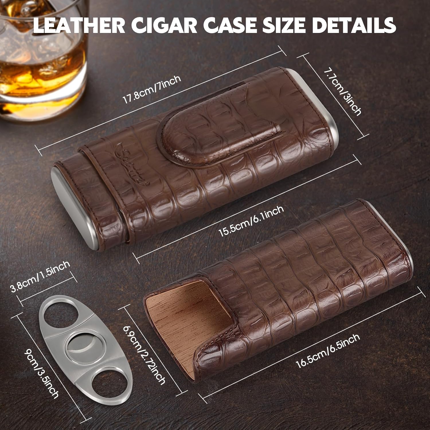 Scotte Estuche de viaje de cuero para cigarros, funda de viaje con forro de madera de cedro, caja de humidor de cigarros portátil con cortador de