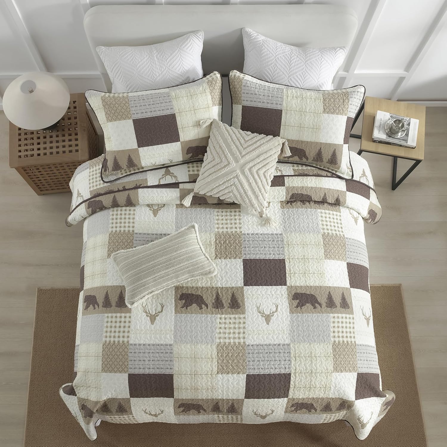 Juego de edredón tamaño King, colcha rústica de 100 % algodón para cama King, edredón reversible y ligero con patrones de vida silvestre,