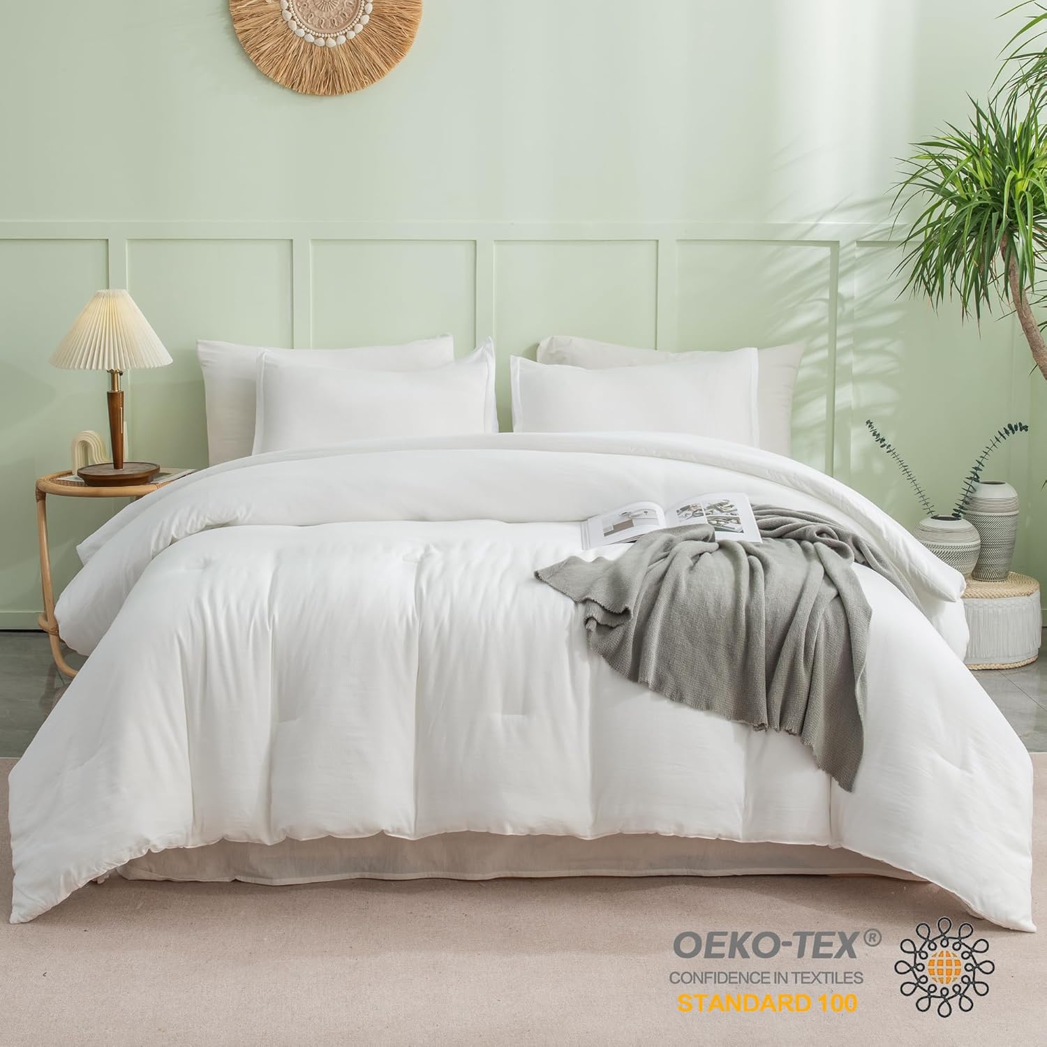 Andency Juego de edredón blanco tamaño matrimonial, juego de edredón bohemio para cama de tamaño matrimonial, juego de ropa de cama de 3 piezas