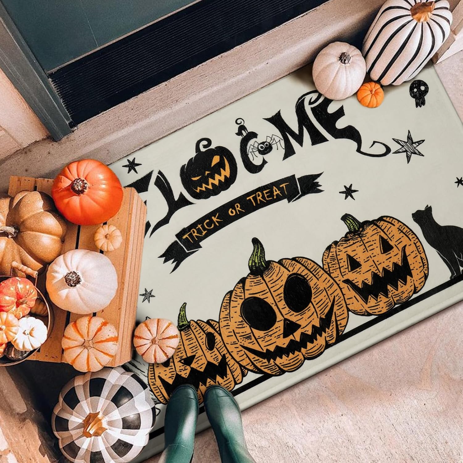 Alishomtll Felpudo de Halloween, tapete de calabaza de Halloween, antideslizante y lavable, tapete decorativo de bienvenida de Halloween, interior y