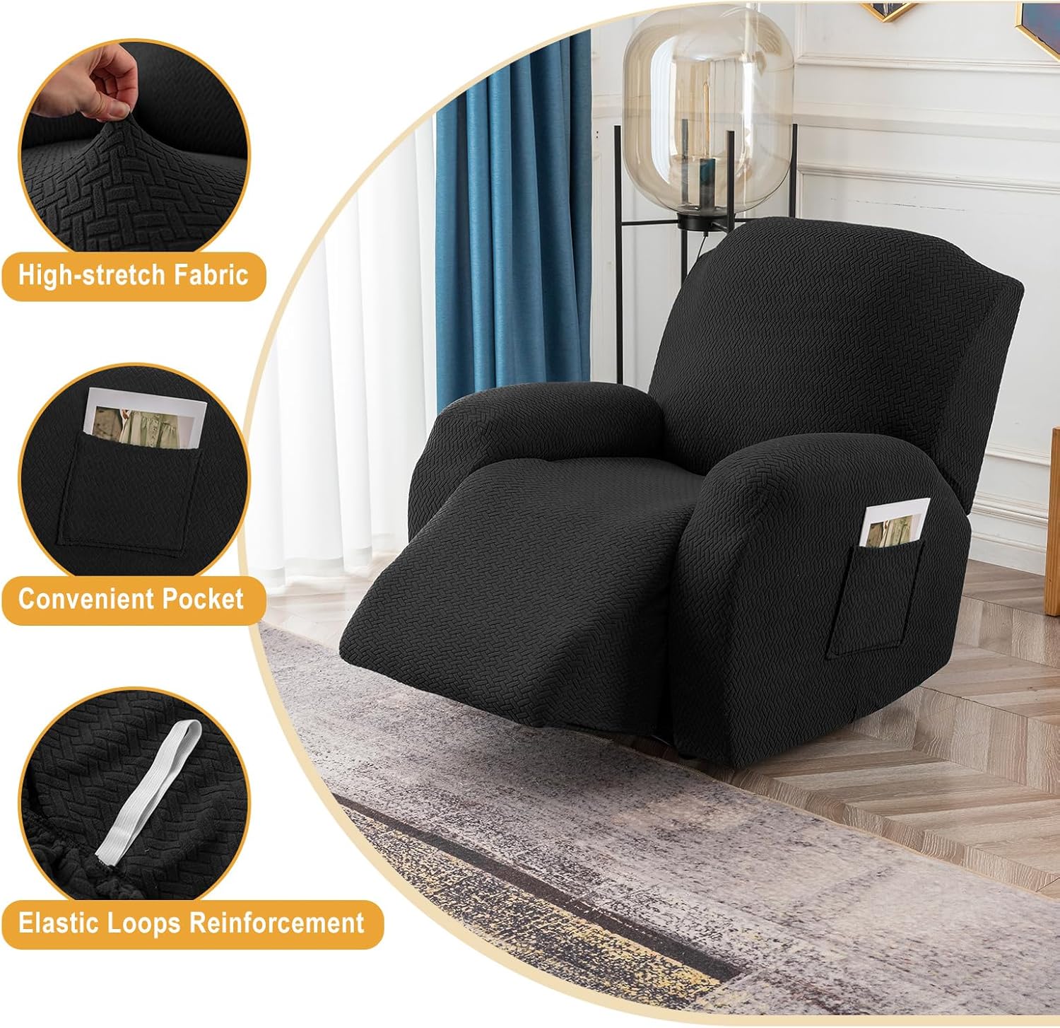 Genina Funda reclinable elástica para sofá reclinable, funda de sofá para sofá reclinable, protector de muebles de jacquard grueso, lavable (negro,