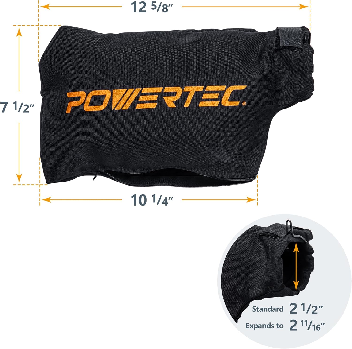 POWERTEC Bolsa colectora de polvo para sierra ingletadora de 10 pulgadas, 12 pulgadas, se adapta a puertos de polvo nominales de 2.5 pulgadas, se