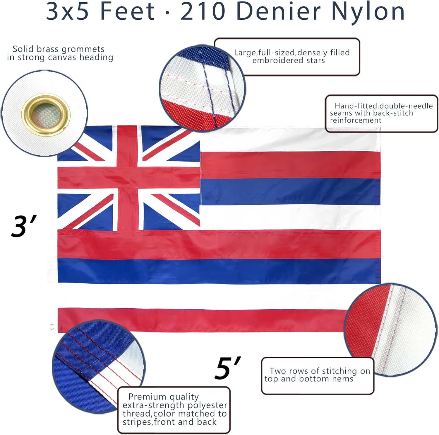 Anley EverStrong Series – Bandera bordada del estado de Hawái de 3 x 5 pies, cabecera de lona bordada y resistente, 4 filas de costuras de