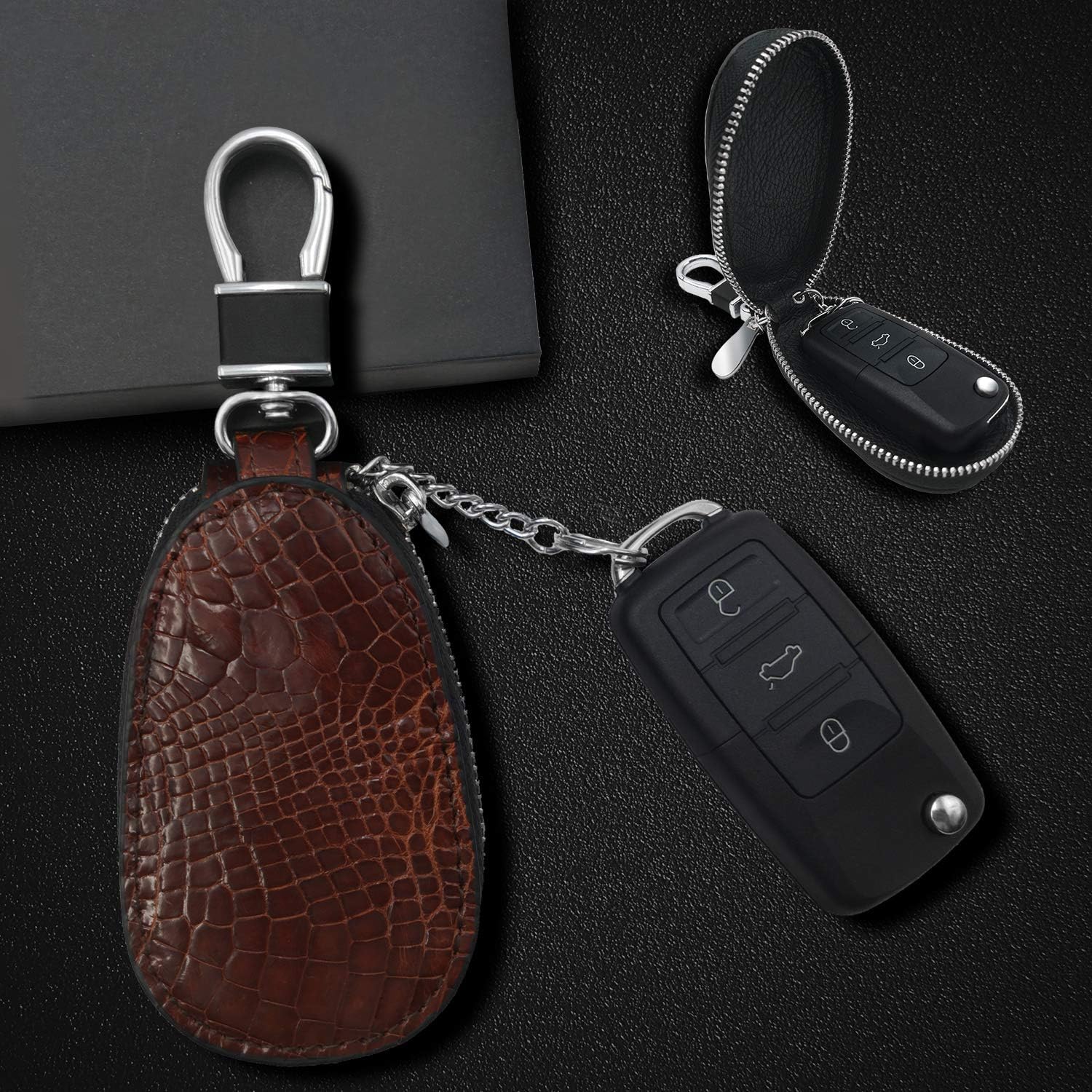Funda para llaves de automóvil, diseño de cocodrilo, bolsa universal de cuero de grano superior, con gancho de metal para llavero