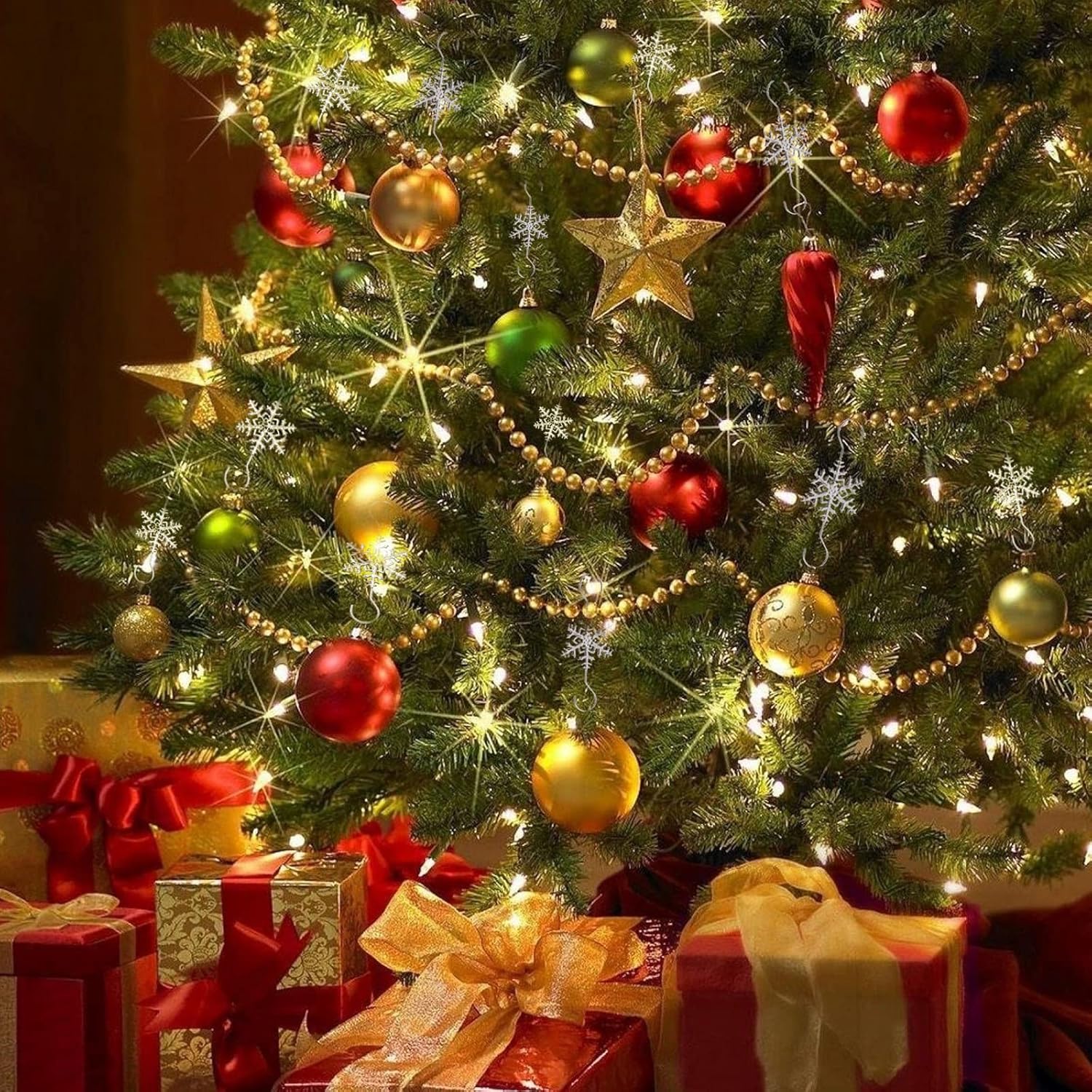 IHEOJAOC Ganchos de adorno de Navidad  Ganchos decorativos de copo de nieve dorado plateado (20 unidades, plata dorada)