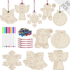 Artmag 50 piezas de adornos de Navidad de madera sin acabar, rebanadas de madera con agujeros para niños, manualidades, centros de mesa, decoración Artmag 50 piezas de adornos de Navidad de madera sin acabar, rebanadas de madera con agujeros para niños, manualidades, centros de mesa, decoración