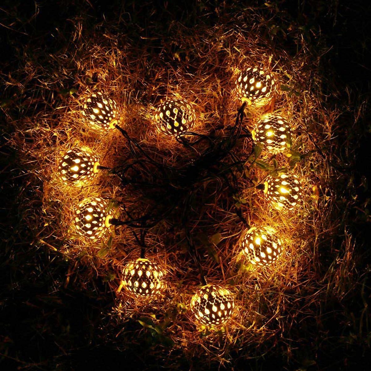 Hann Guirnalda de luces LED solares tipo globo, 12 pies, 10 luces LED marroquí, iluminación ambiental impermeable, 3000 K blanco cálido, luces de