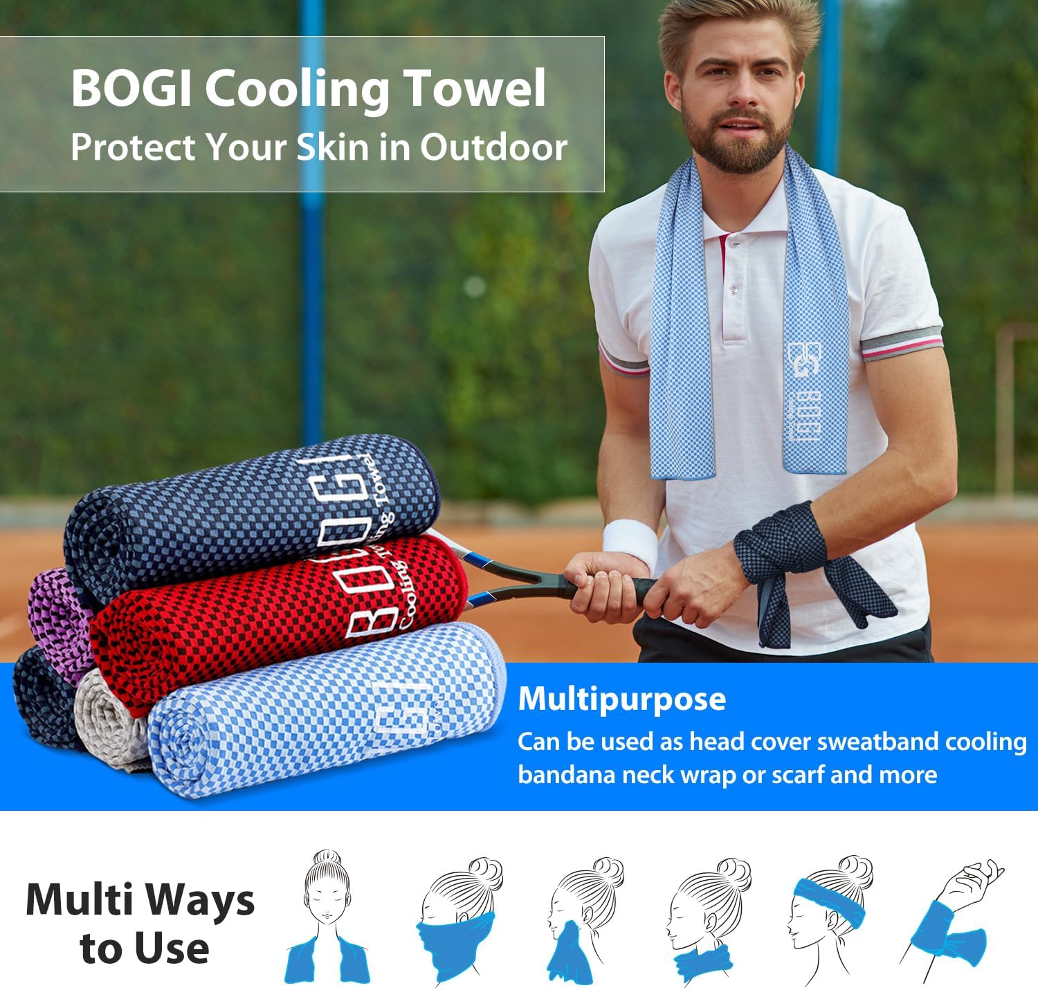 BOGI Paquete de 2 toallas de enfriamiento para cuello y cara, toalla de hielo de 40 x 12 pulgadas para enfriamiento instantáneo, toalla suave y