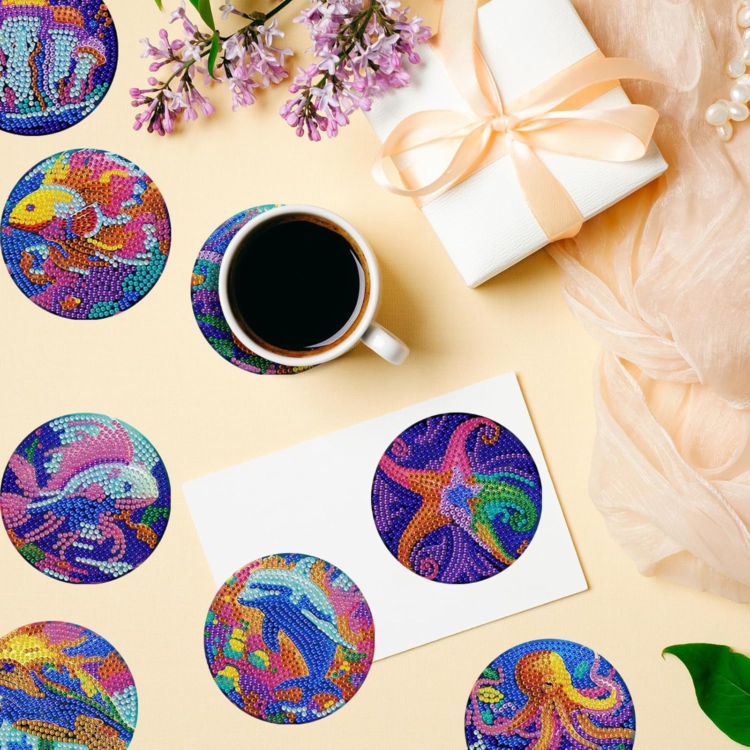 Juego de 8 posavasos de pintura artística de diamantes con soporte para bricolaje criaturas del fondo marino, posavasos de arte de diamante,