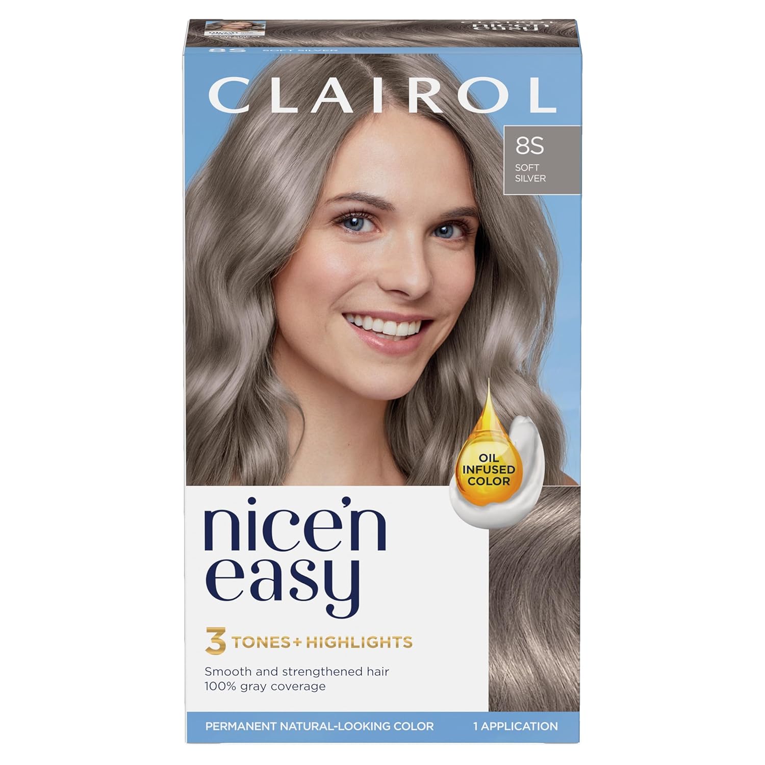 Clairol Nice’n Easy – Tinte permanente para el cabello, color plateado suave 8S, paquete de 1 unidad