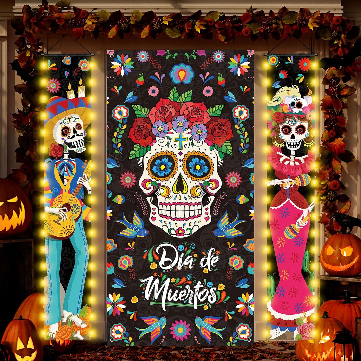 Tiamon 3 carteles de Día de los Muertos con luces LED, decoración de puerta de fiesta mexicana Día de los Muertos, pancarta de puerta de calavera de