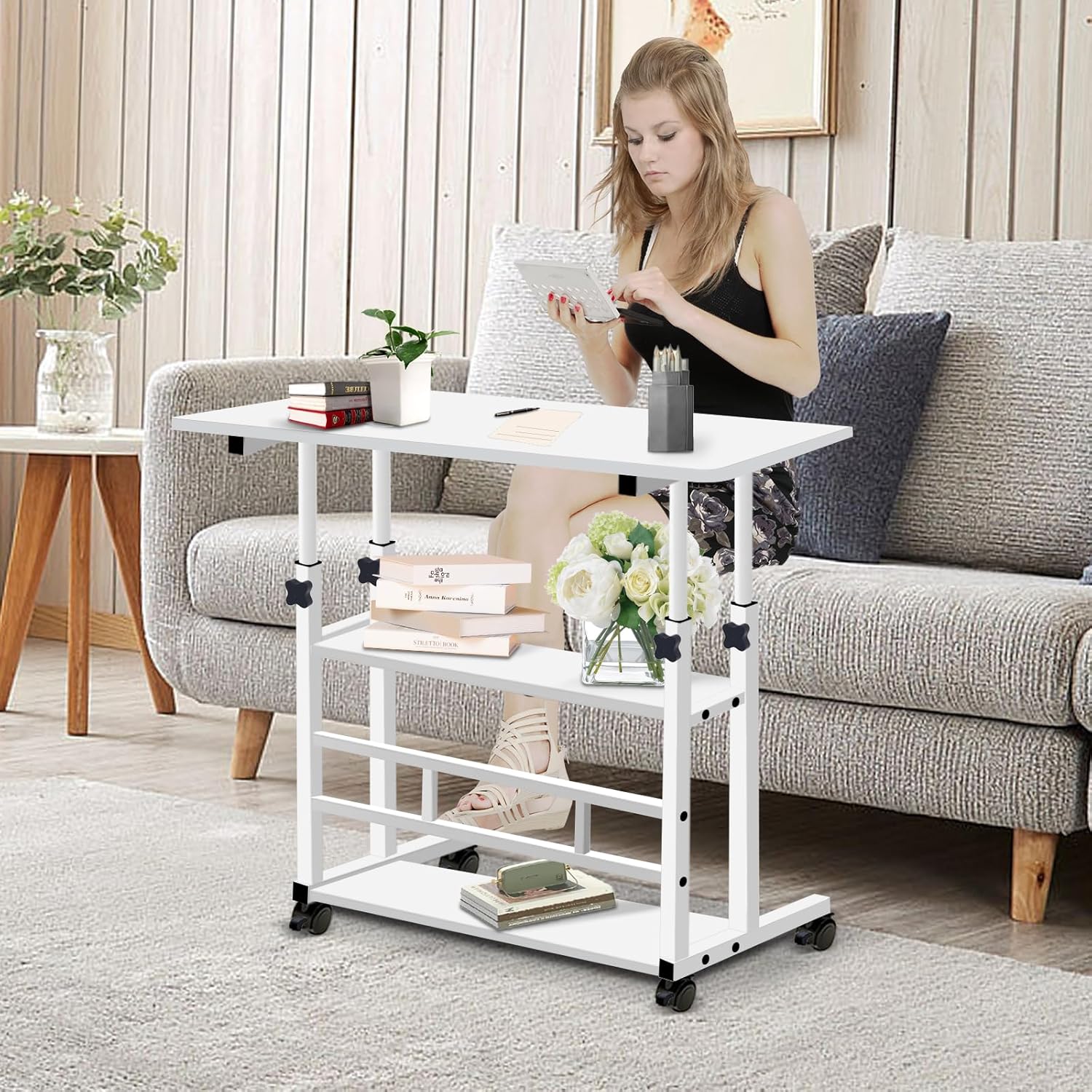 Escritorio de pie móvil, escritorio para laptop, altura ajustable, mesa con ruedas, estaciones de trabajo de computadora de almacenamiento de doble