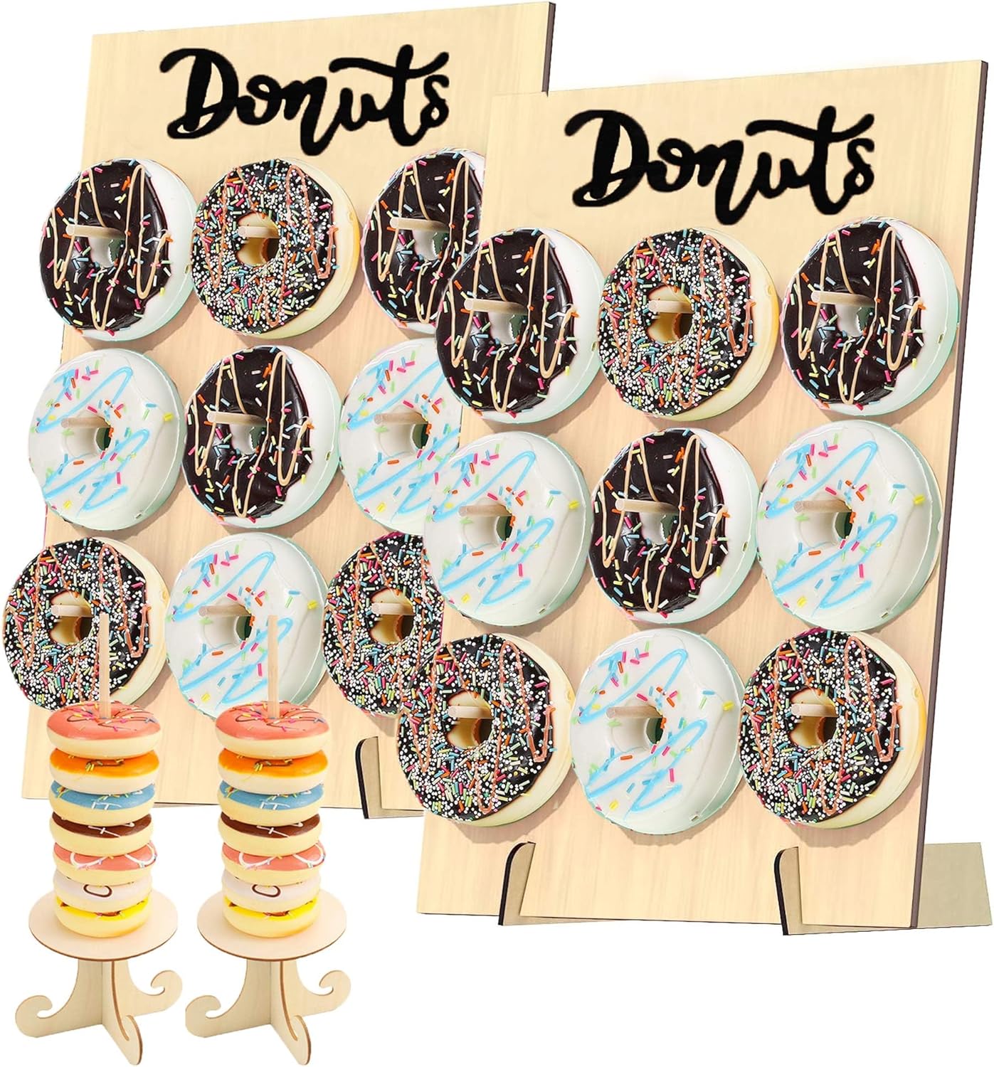 Soporte de exhibición de pared de rosquilla, 2 piezas, con 2 soportes de torre de dona, soporte de madera para donas para baby shower, fiesta, boda,