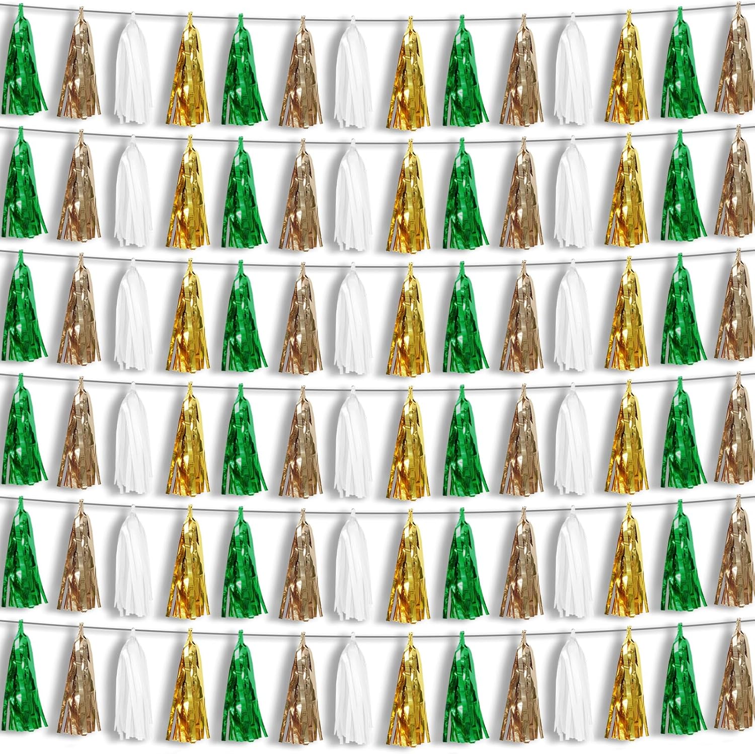 Guirnalda metálica de flecos de papel de aluminio de color verde salvia, beige, menta, con borlas para flotadores de desfile, despedida de soltera,