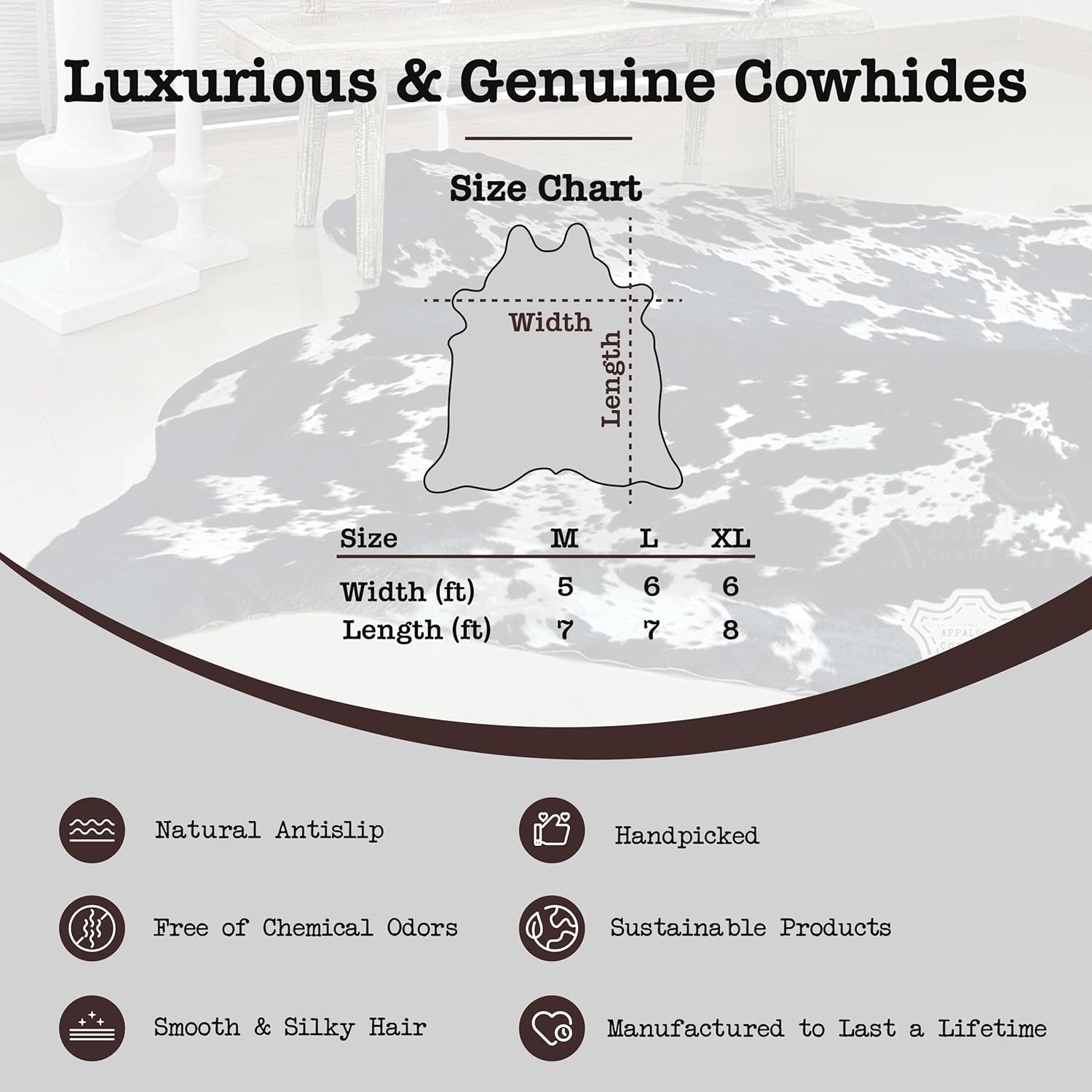 Appaloosa Cowhides Alfombra de piel de vaca auténtica, alfombras naturales en blanco y negro para estética de sala de estar y dormitorio, alfombra
