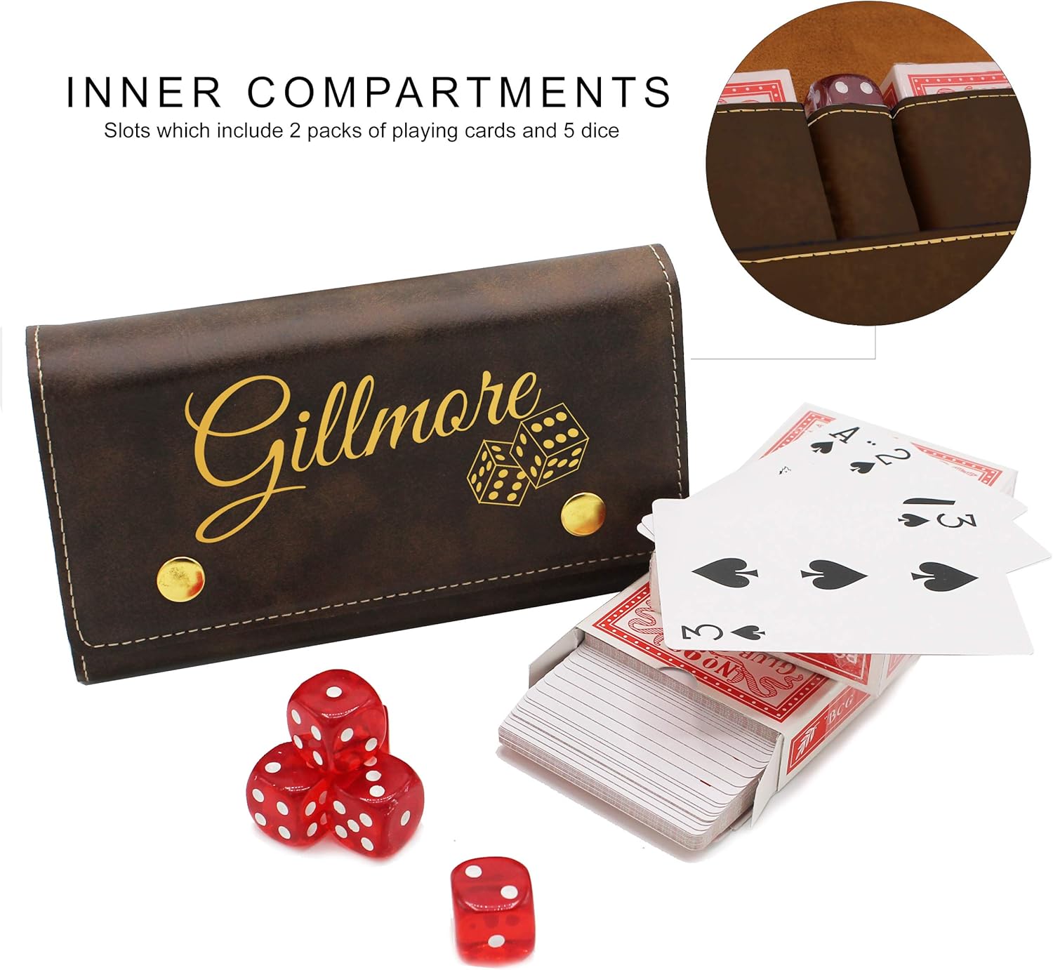 Juego de cartas de juego personalizado y caja de regalo de dados  2 cubiertas y 5 dados dentro de la caja de soporte (cuero crudo con oro)