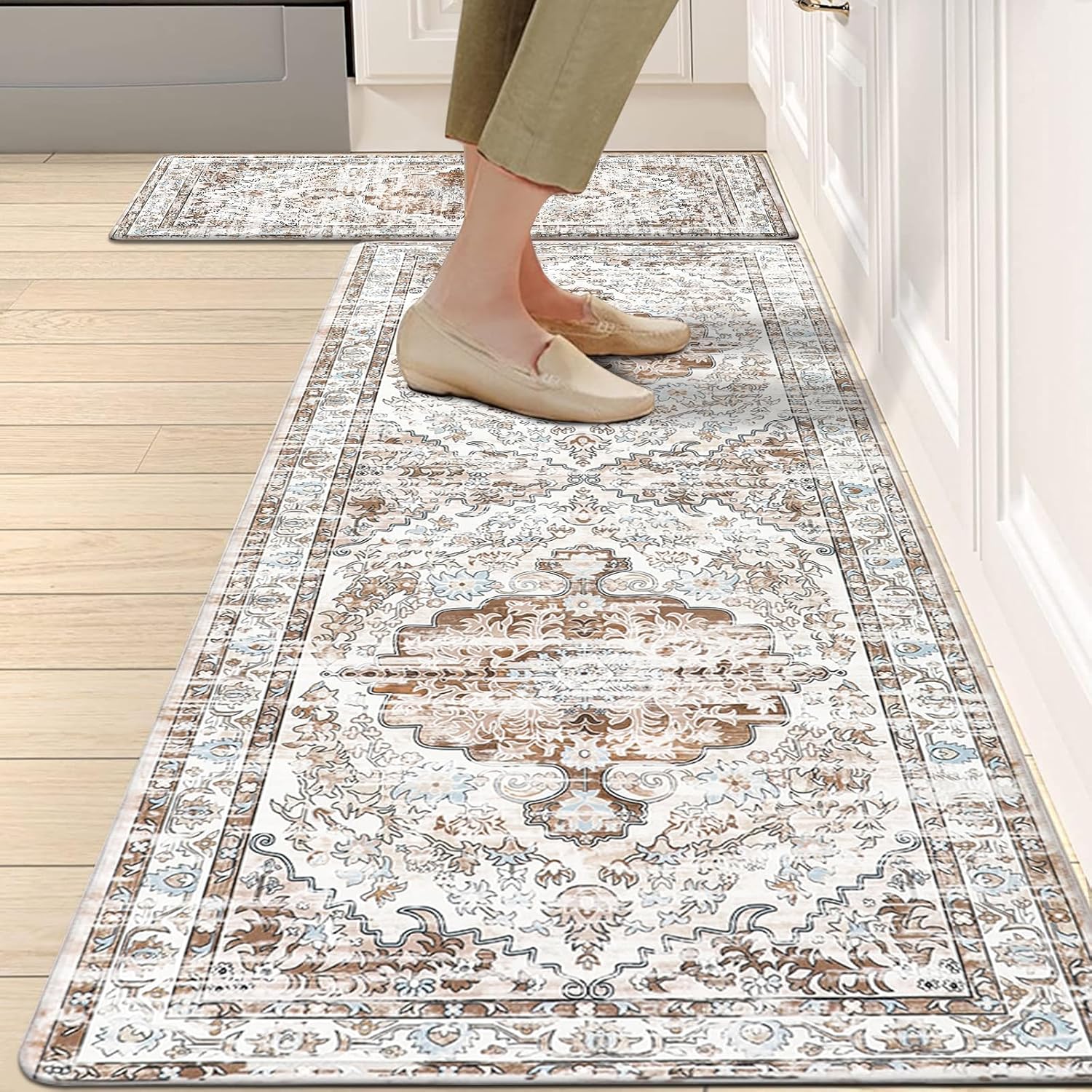 HEBE – Juego de 2 alfombras de cocina acolchadas antifatiga, impermeables, antideslizantes, cómodas, para cocina, oficina en casa, fregadero,