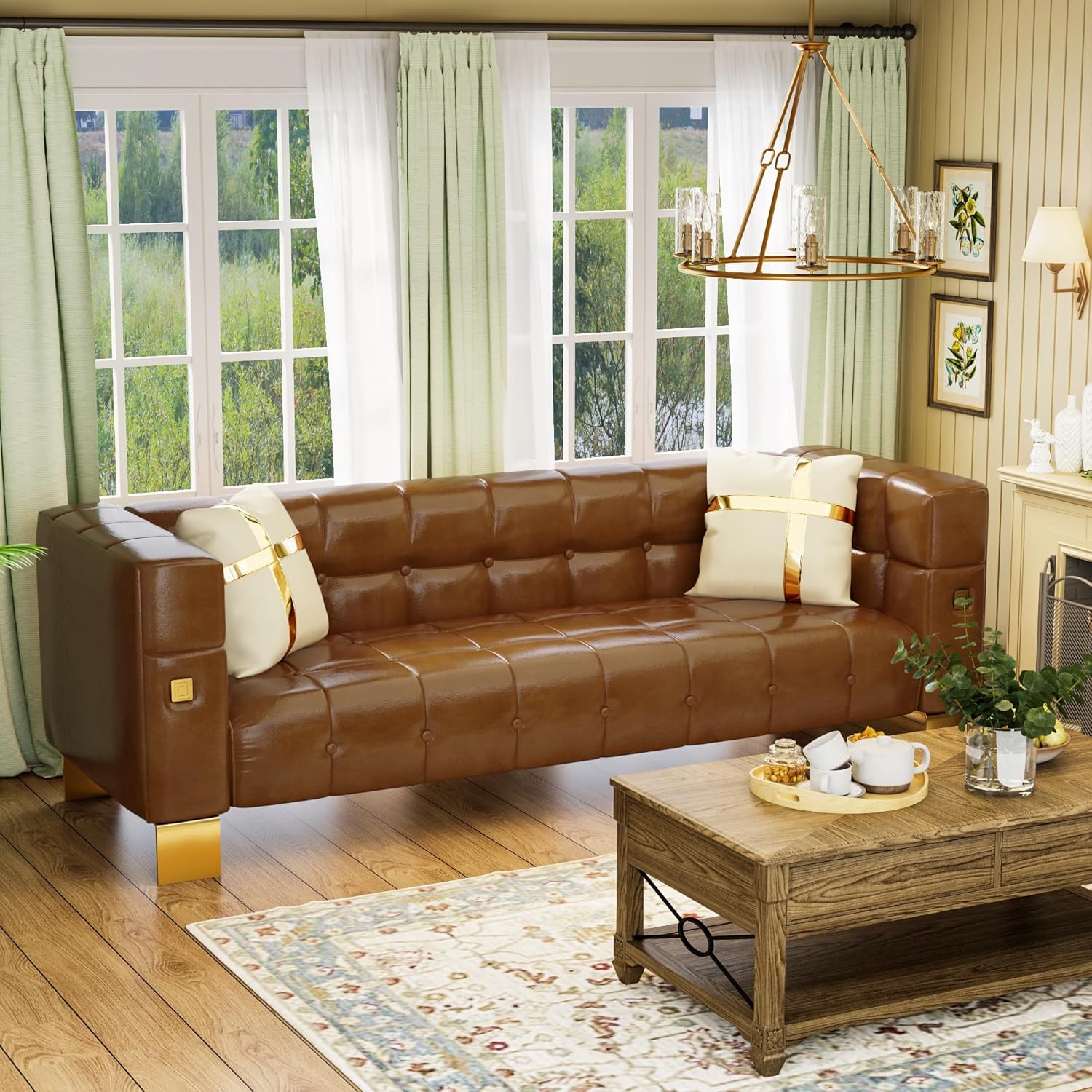 Sofá moderno de piel sintética con patas de metal dorado, sofá Chesterfield de poliuretano impermeable de 88.98 pulgadas, sofás copetudos de lujo