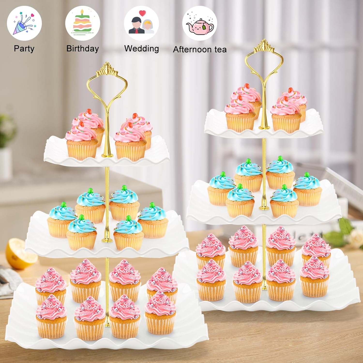 Coitak Soporte para cupcakes de 3 niveles, soporte de plástico escalonado, bandeja cuadrada para postres para fiestas de té, baby shower y boda
