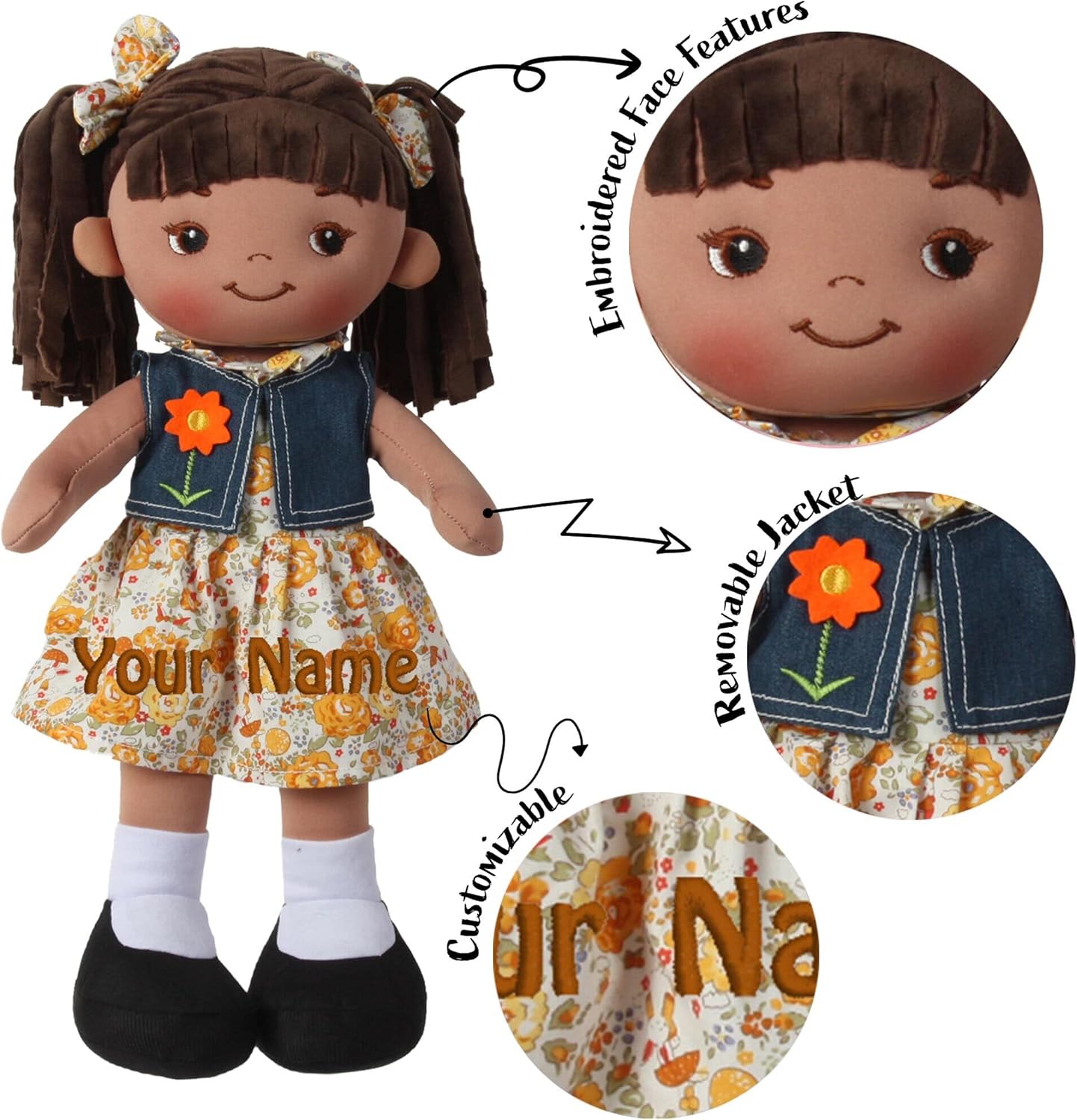 Muñecas de acurrucarse personalizadas, muñeca de trapo suave morena personalizada, vestido amarillo a cuadros, 16 pulgadas, muñecas de trapo