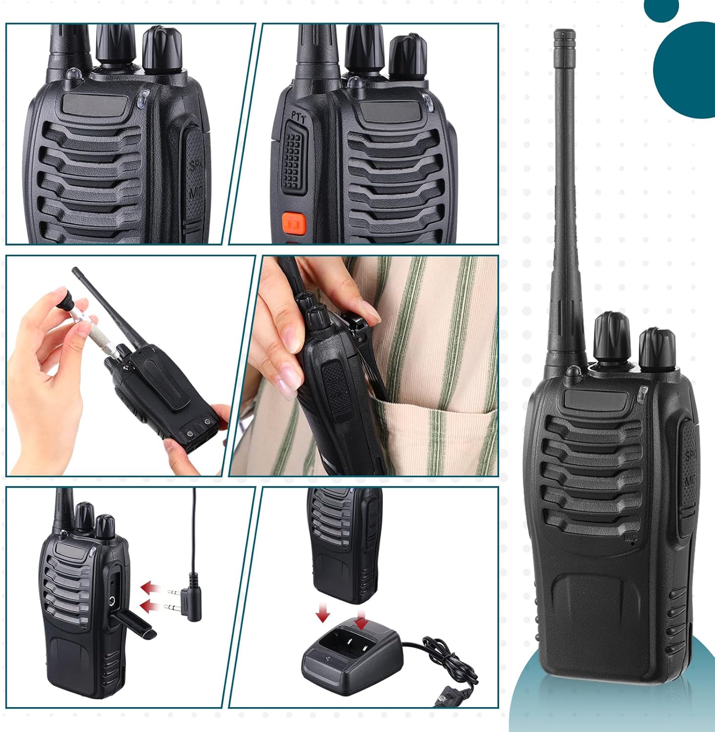 24 piezas Walkie Talkies a granel 2 vías Radio Set con auricular Walkie Talkies para adultos Walkie Talkies con base de cargador, batería, antena