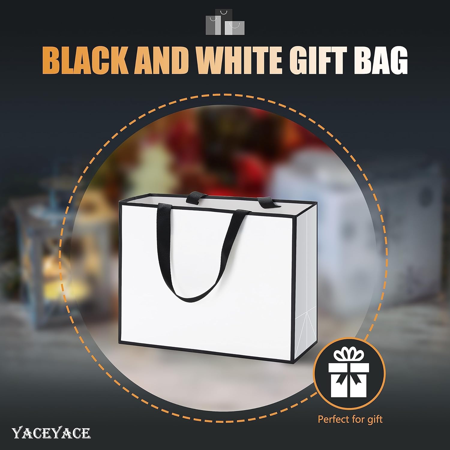 Bolsas de regalo en blanco y negro, 20 unidades, 10.5 x 4.25 x 8 pulgadas, medianas bolsas de regalo blancas y negras con asas de cinta, bolsas de