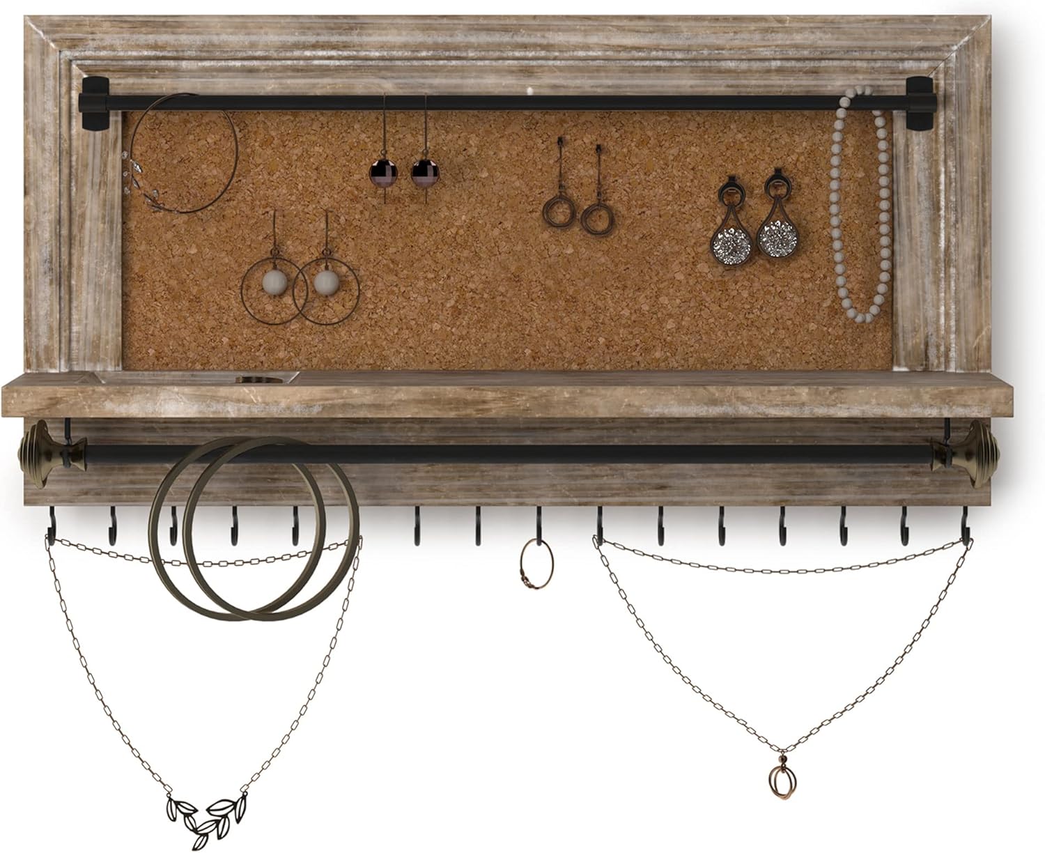 Barnyard Designs Organizador de joyas colgante para montar en la pared, aretes, collar y pulsera con estante para anillos, estante de almacenamiento
