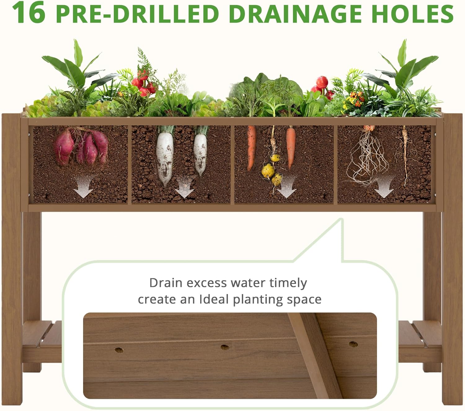 LUE BONA Cama de jardín elevada grande con herramientas y estante, 47 x 21 x 30 pulgadas, 8 bolsillos HDPS elevados para bricolaje con patas, sin