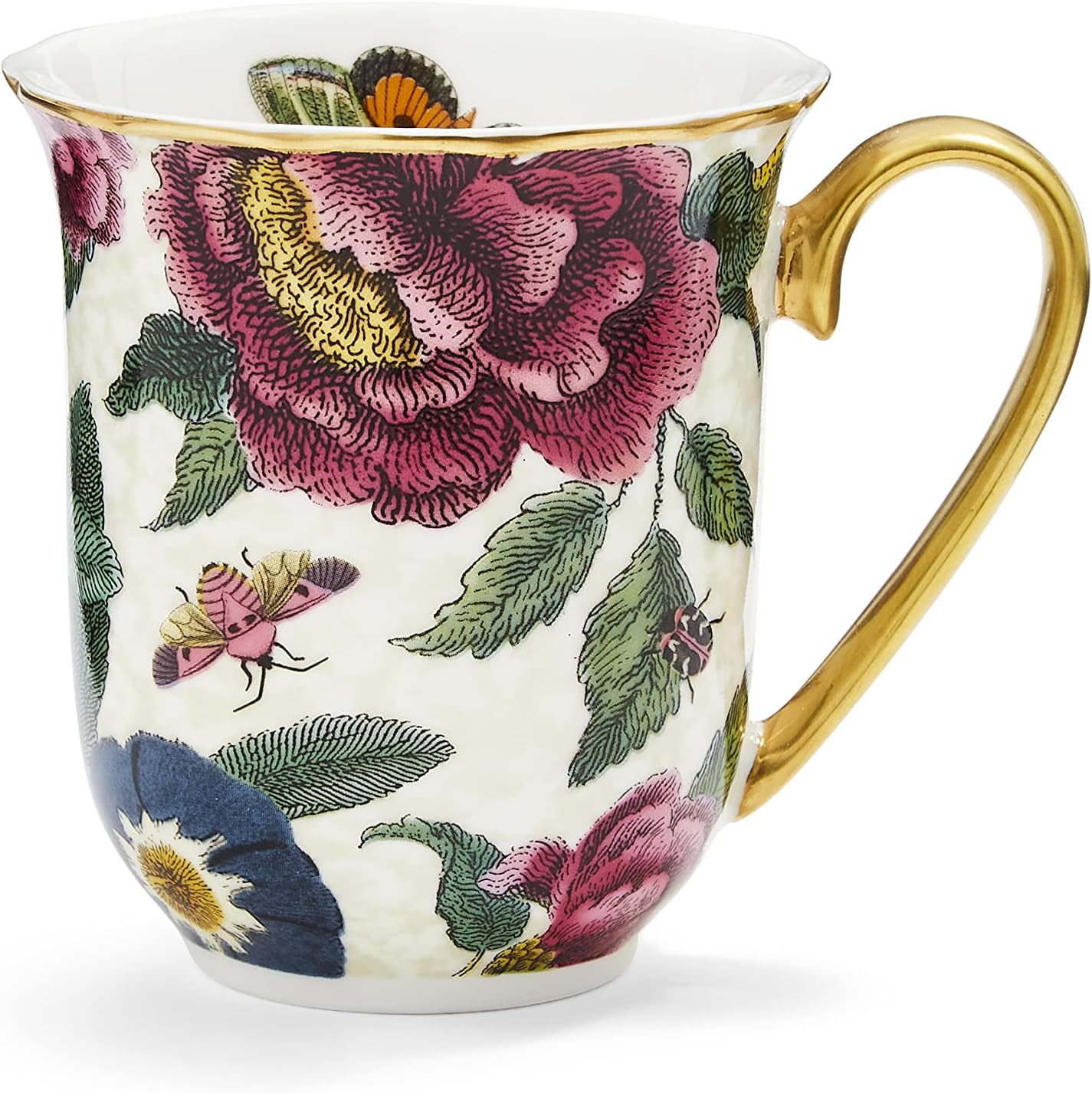 Spode Creatures of Curiosity Collection – Taza de café floral crema, 12 onzas, borde dorado y asa, hecha de porcelana fina, tazas para café, taza de