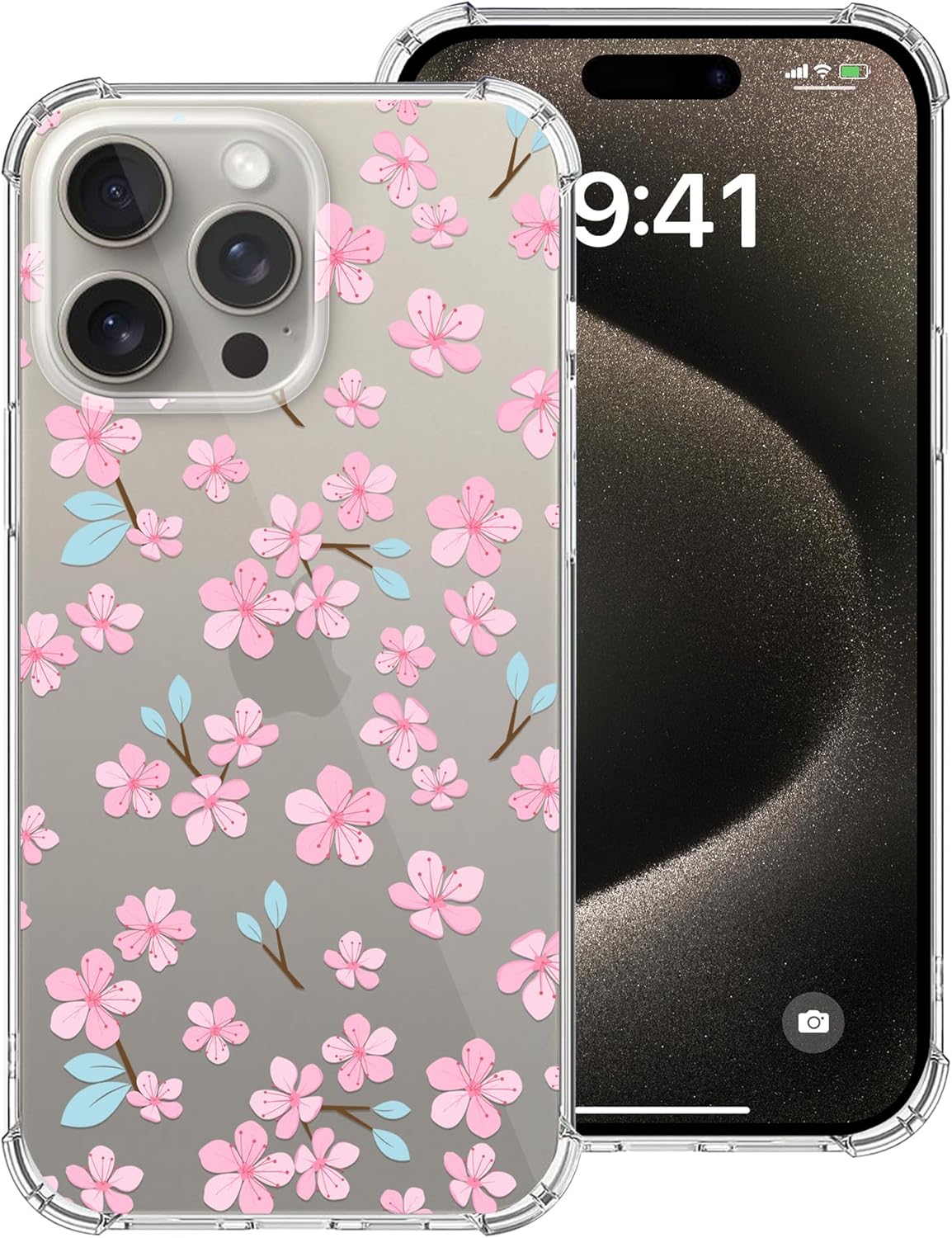 MSEAANBK Funda transparente de flor de cerezo diseñada para iPhone 15 Pro, funda transparente de flor de Sakura para iPhone 15 Pro para mujeres y