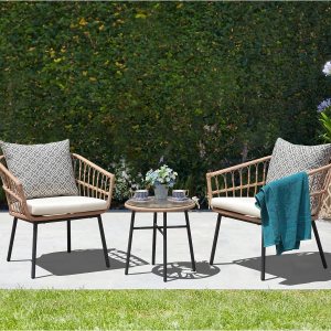 Yangming Juego de muebles de patio de 3 piezas para conversación al aire libre con mesa de centro templada y sillas de mimbre para jardín, balcón, Yangming Juego de muebles de patio de 3 piezas para conversación al aire libre con mesa de centro templada y sillas de mimbre para jardín, balcón,