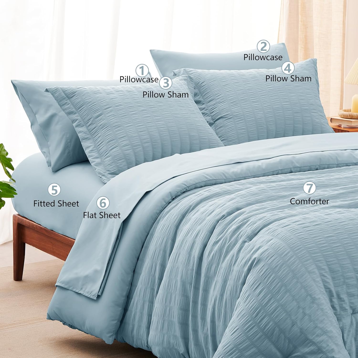 CozyLux Juego de edredón de sirsaca tamaño King con cama azul claro en una bolsa, juego de ropa de cama de 7 piezas para todas las estaciones con
