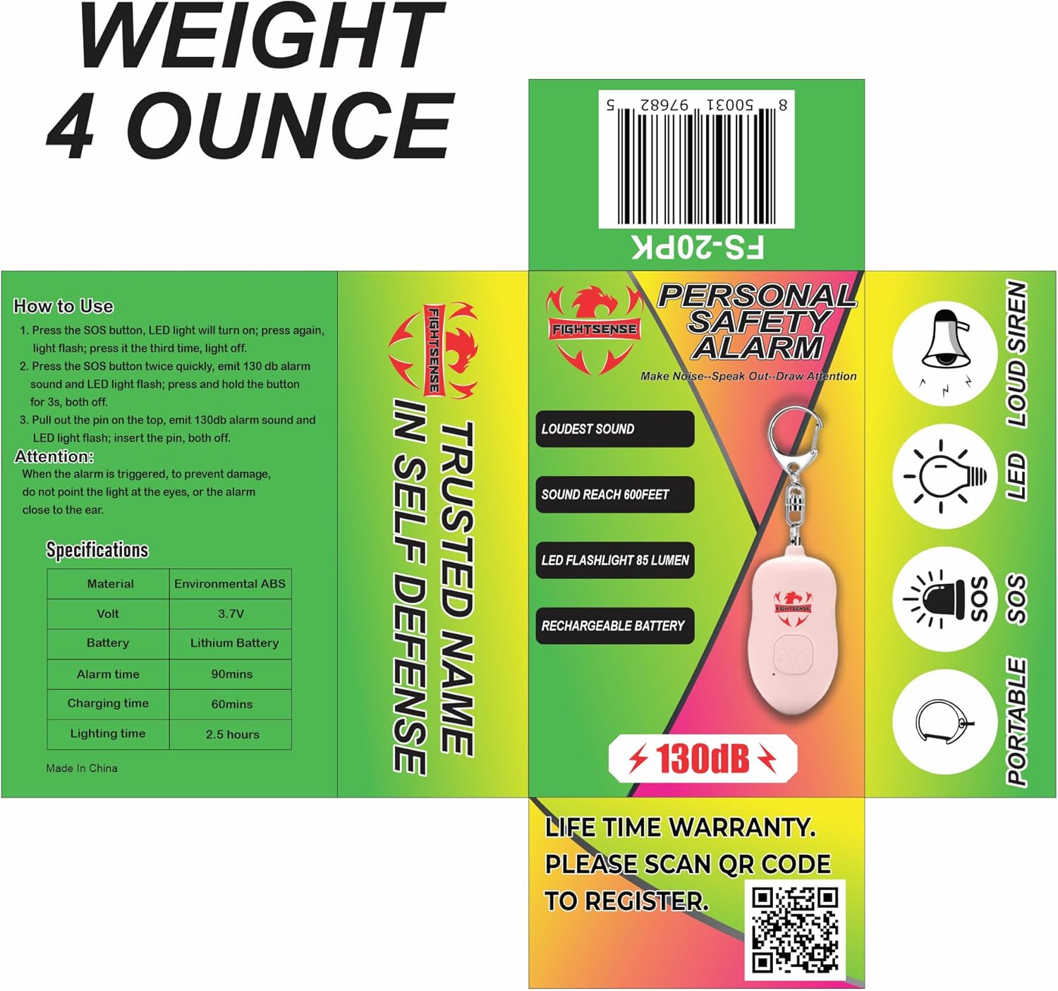 Fightsense Paquete combinado de espray de pimienta de autodefensa y alarma de seguridad personal para mujeres, autodefensa, sirena fuerte de 130 dB