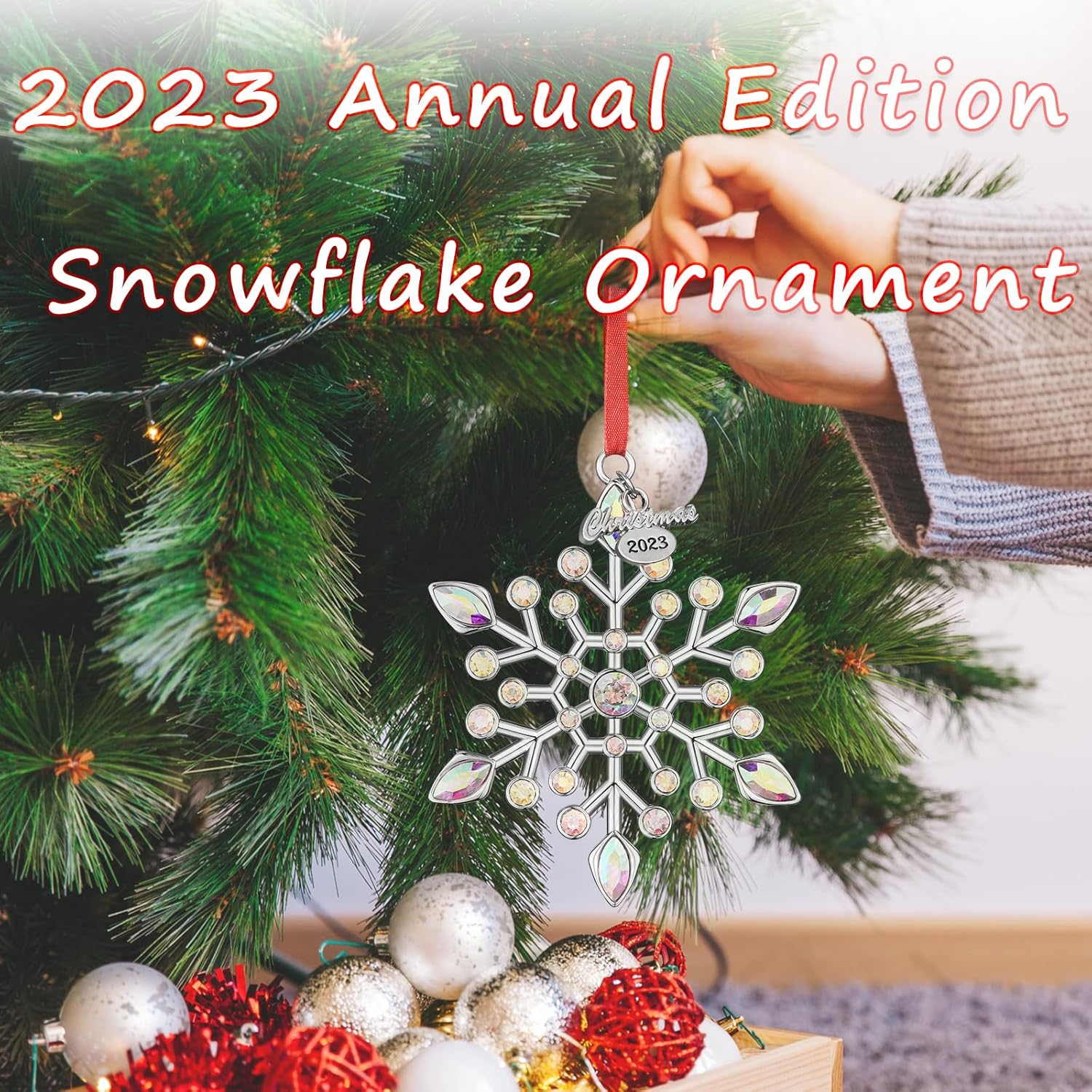 Venhoo Adornos navideños de copo de nieve 2023, diamantes de imitación metálicos colgantes con purpurina, copos de nieve, decoración de árbol de