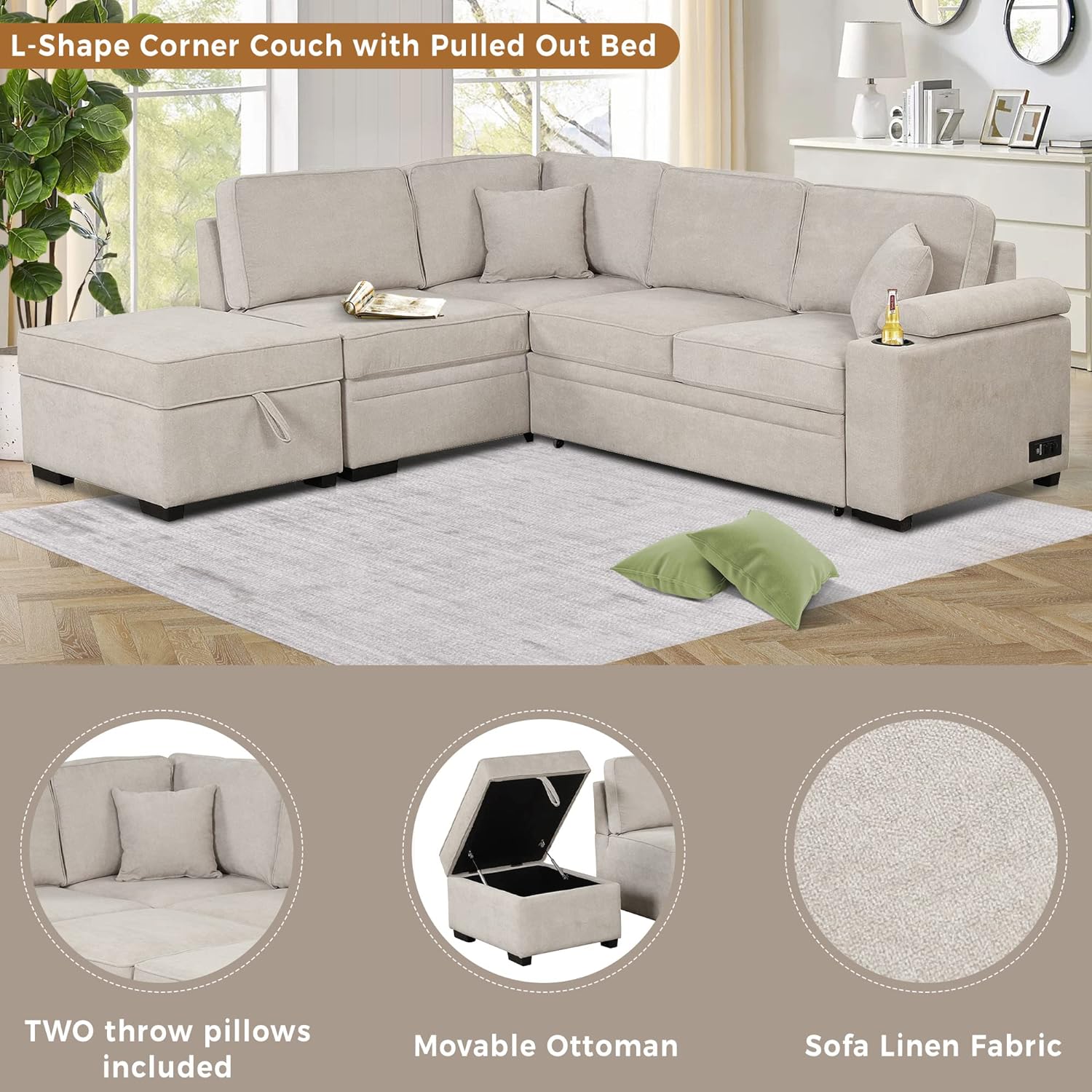 Sofá cama modular con cama extraíble y diván, sofá convertible 2 en 1 en forma de L con otomana de almacenamiento, carga USB y soporte para tazas,