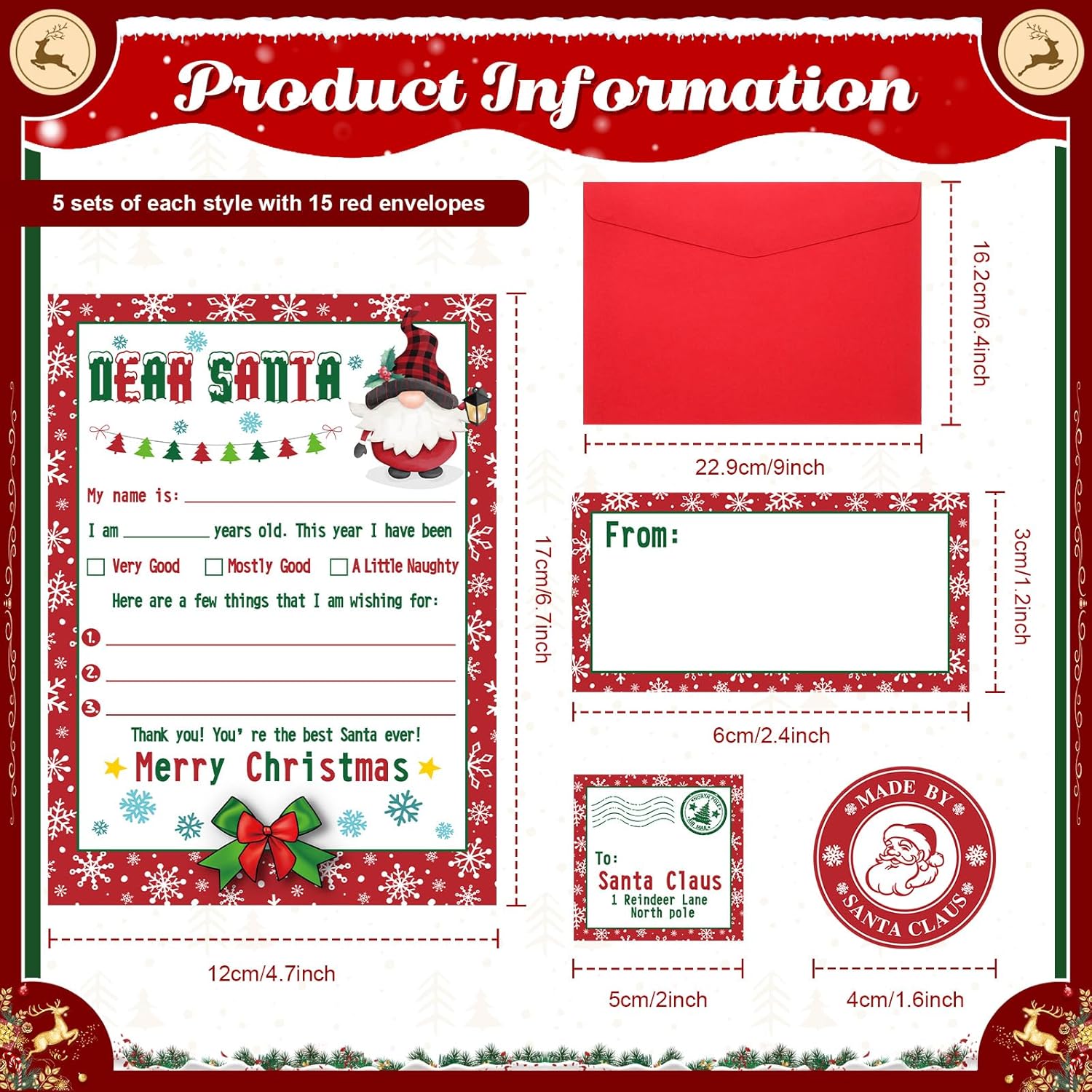 Juego de 75 cartas a Santa para escribir listas de deseos de Navidad, juego de 15 tarjetas navideñas con sobres rojos y calcomanías, regalo de