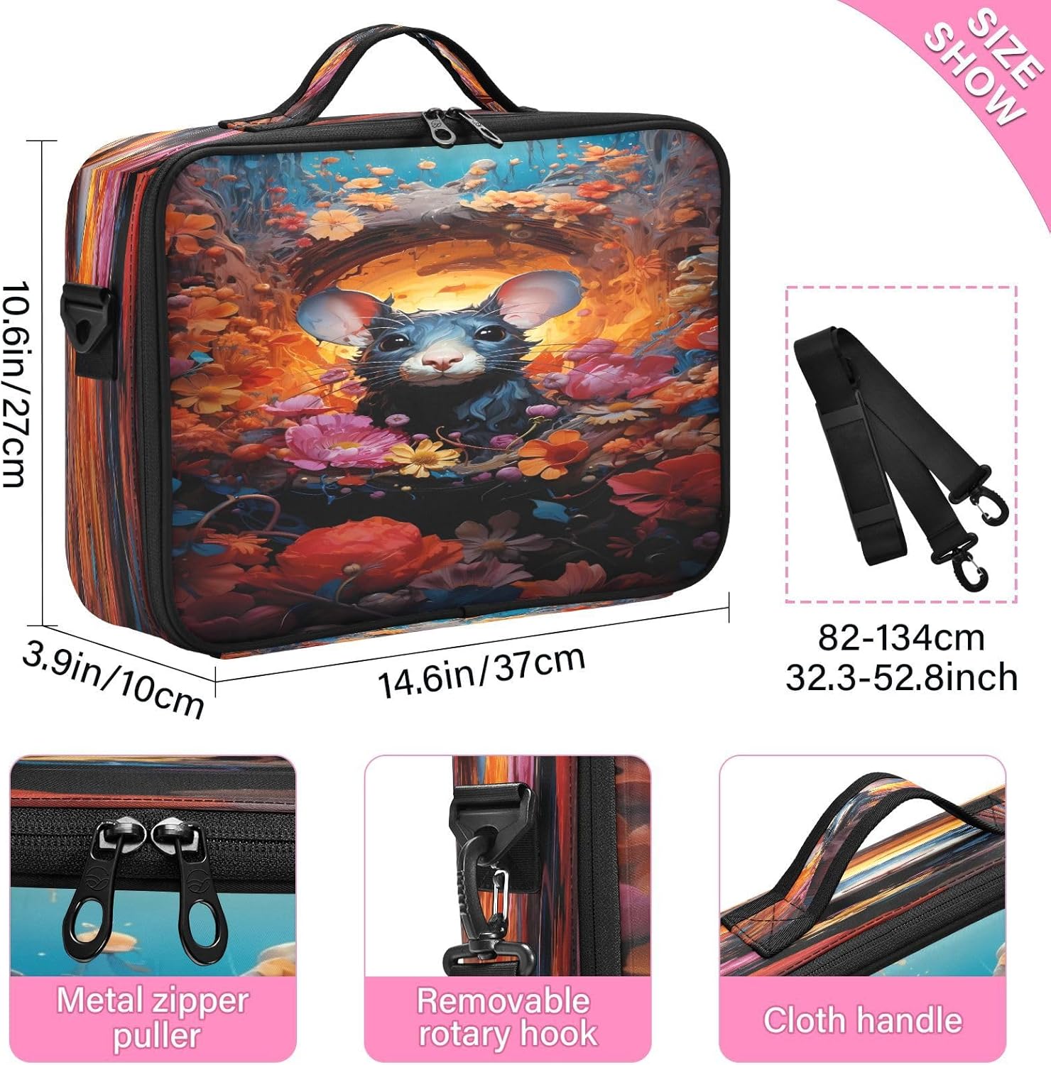 Bolsa de maquillaje de arte de ratón y flor, bolsa de cosméticos portátil, kit de viaje, bolsa organizadora, estuche de tren, bolsa de maquillaje,
