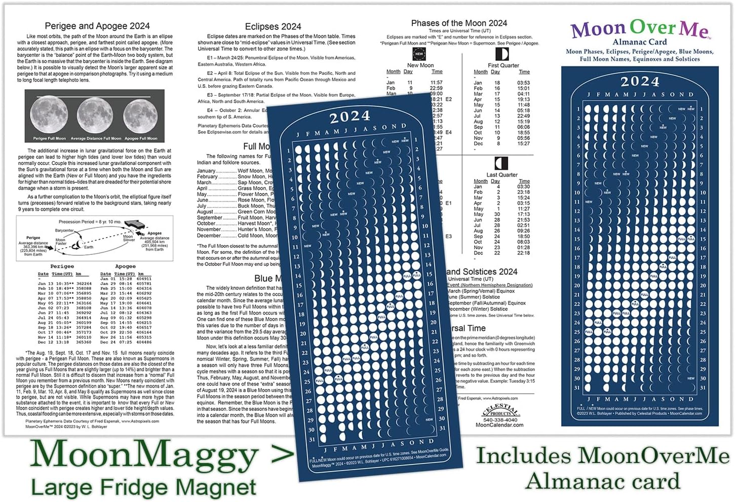 Calendario lunar 2024, imán, MoonMaggy – 12 juegos, 12 calendarios magnéticos más 12 tarjetas de información de Almanaque Moon Over Me