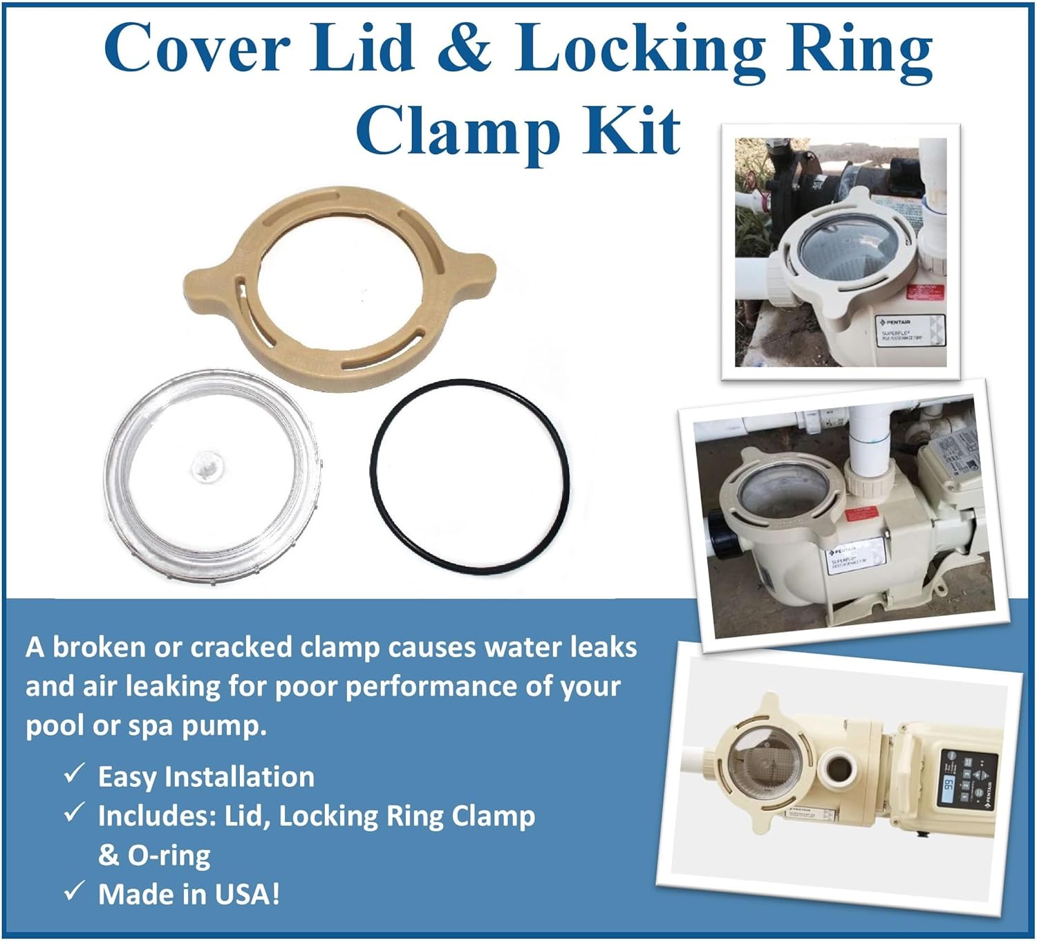 JSP Manufacturing Kit de reemplazo de abrazadera de anillo de bloqueo de leva y rampa para cubierta de bomba de piscina SuperFlo VS y VST, SuperFlo
