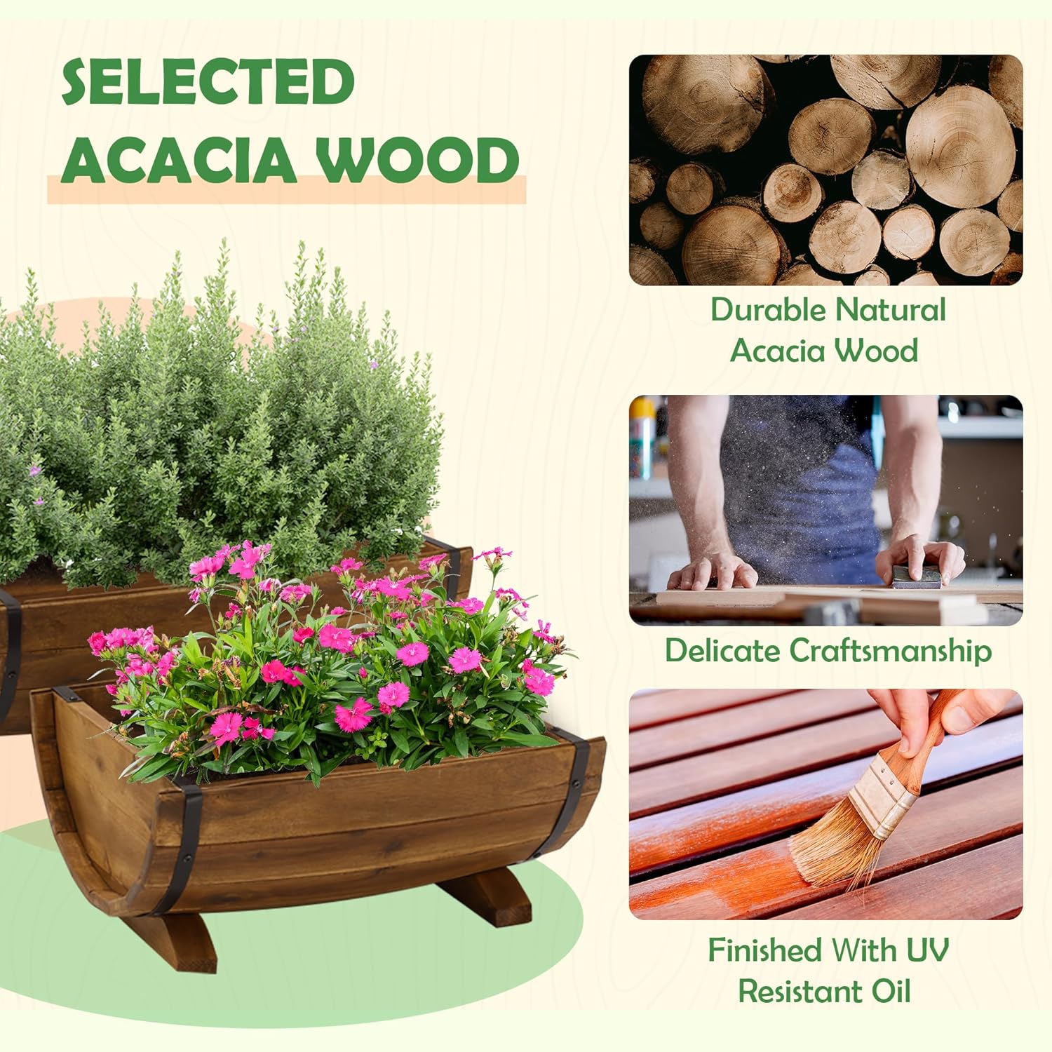 Macetas de madera de acacia maciza de medio barril para exteriores, juego de 2 tamaños diferentes, macetas de madera para plantas al aire libre con