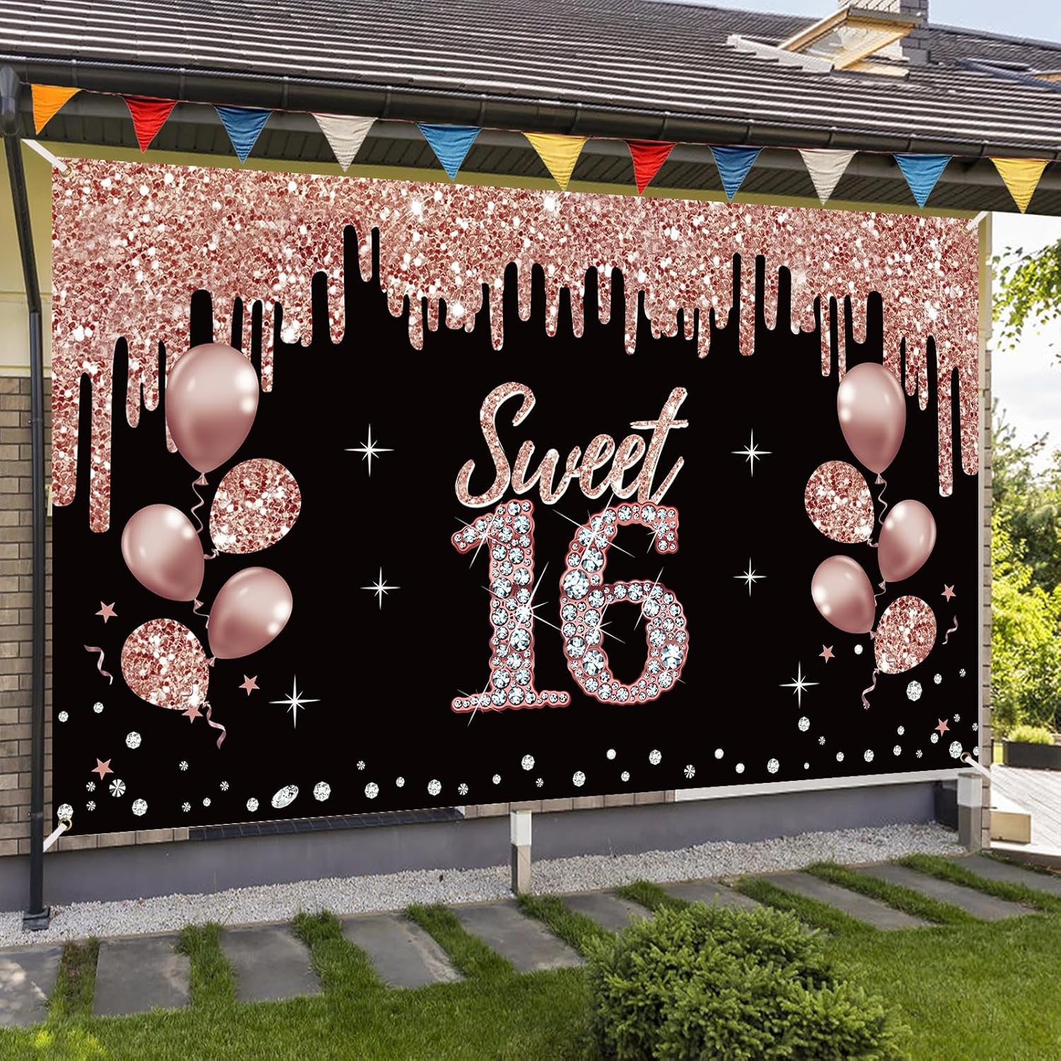 Cartel de decoración de feliz cumpleaños número 16 para niñas, decoración de cumpleaños de 16 años de oro rosa, suministros de fiesta, fondo de