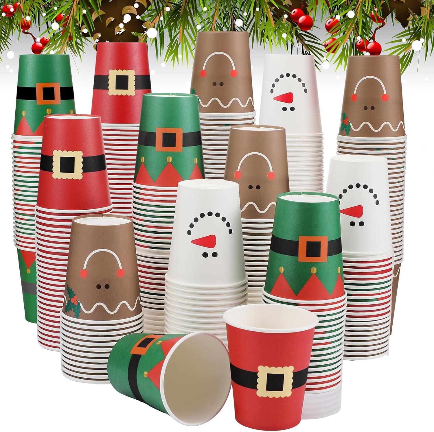 160 vasos de papel de Navidad desechables para fiestas de Navidad, 9 onzas, Papá Noel, elfo, muñeco de nieve, tazas de Navidad, tazas de papel para