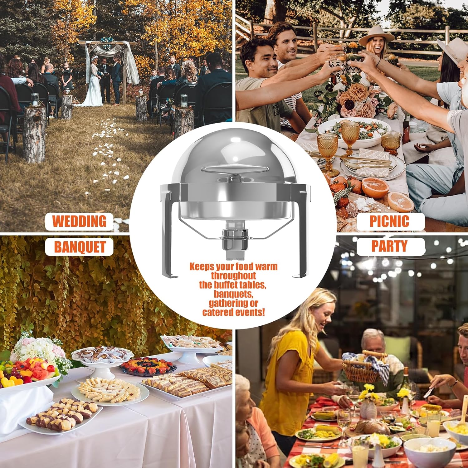 Juego de 6 cuartos de galón para bufé, platos de bufé y calentadores para bufé, para catering, fiesta, evento, servicio de fiesta de Navidad,